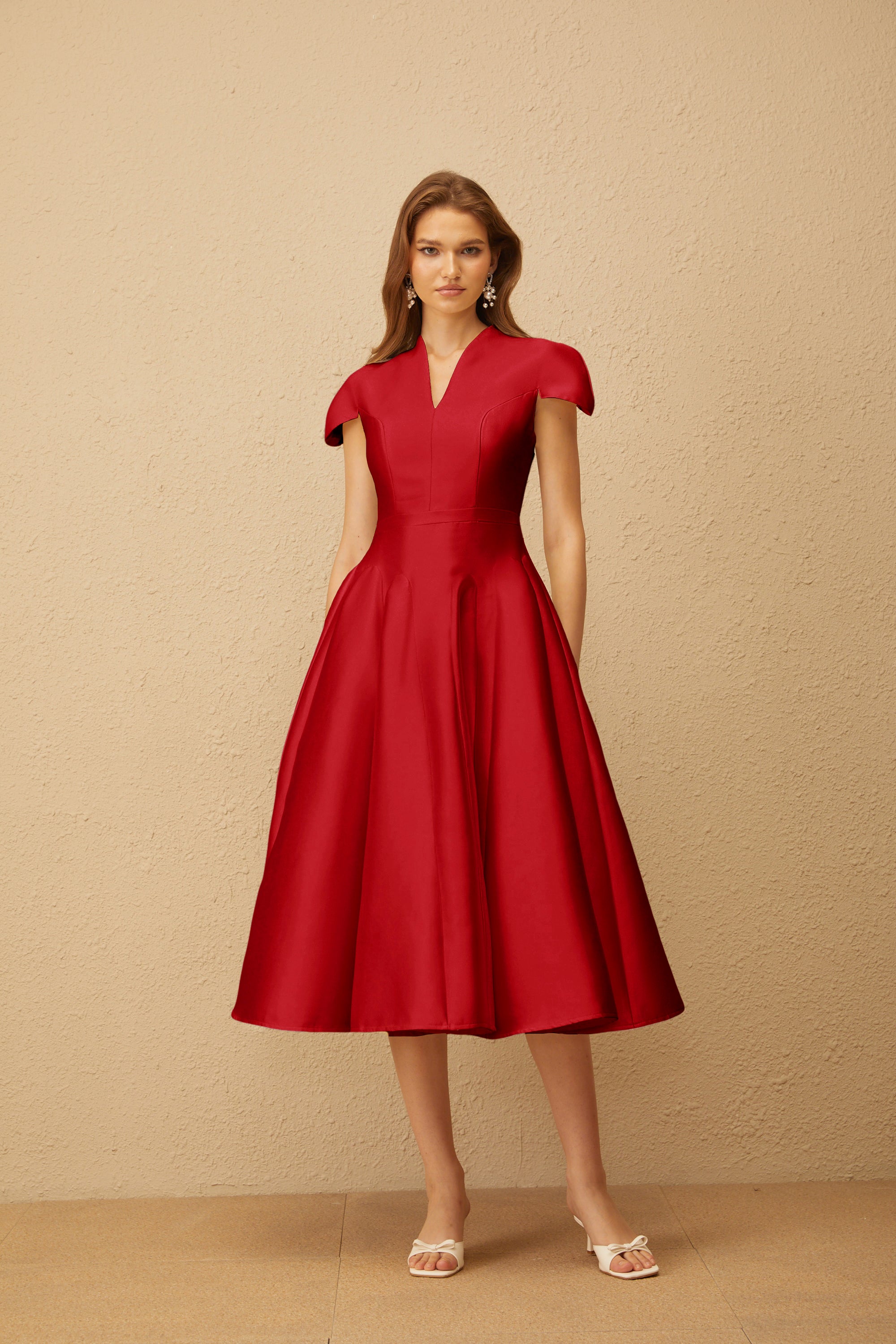 Aventin Red Godet Design Midi Dress (Final Sale)