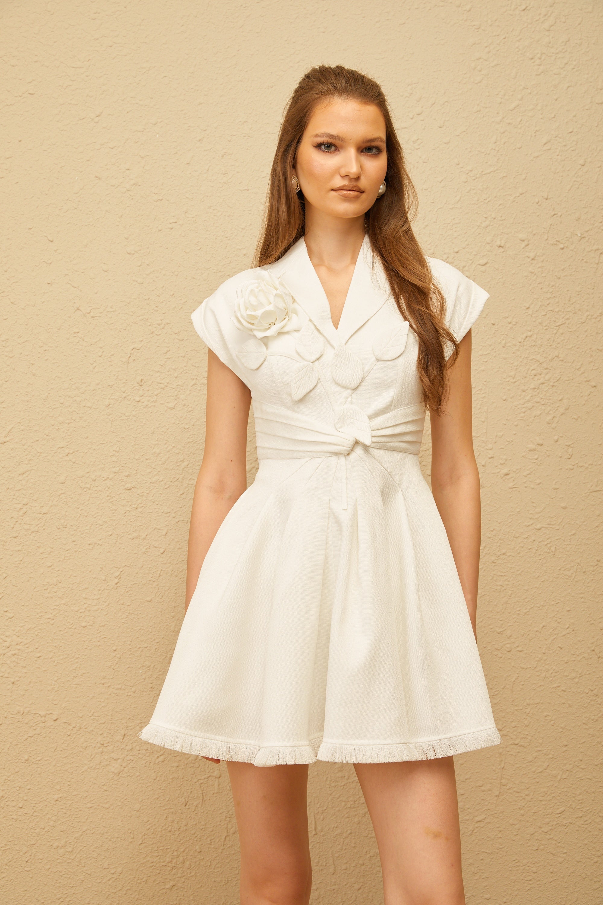 Bernadett White 3D Petal Pleated Mini Dress (Final Sale-US Only)