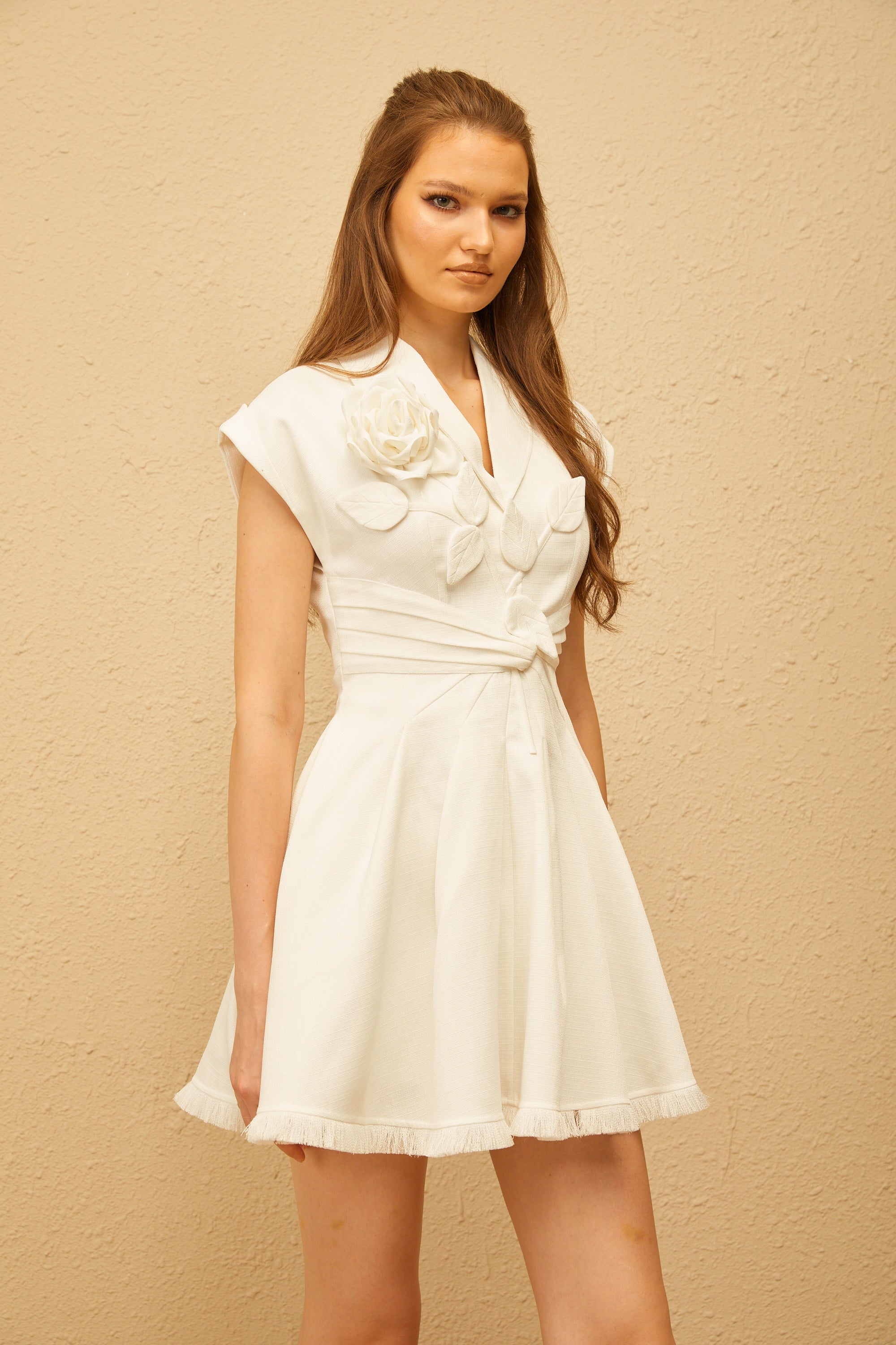 Bernadett White 3D Petal Pleated Mini Dress (Final Sale-US Only)