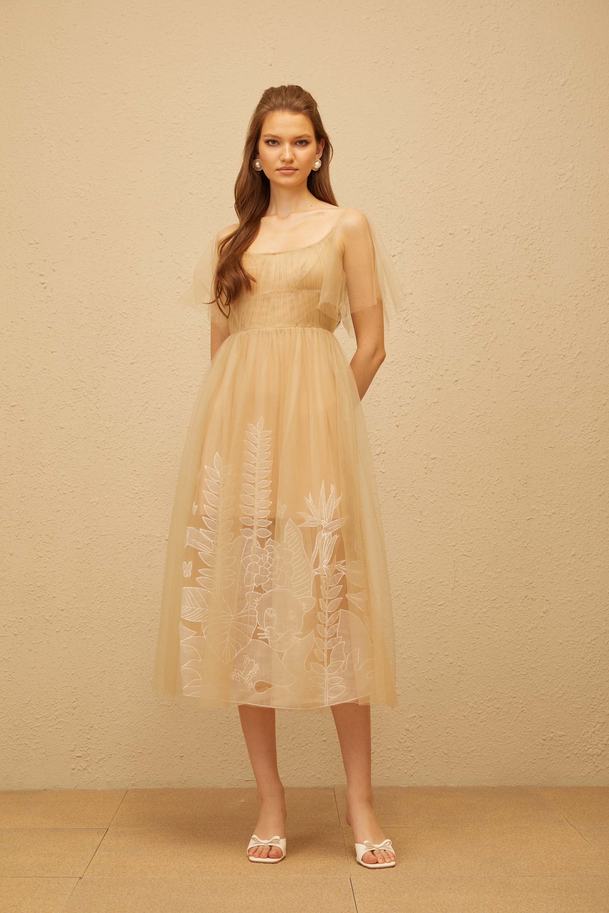 Blanka Neutral Pleated Jacquard Tulle Midi Dress (Final Sale)