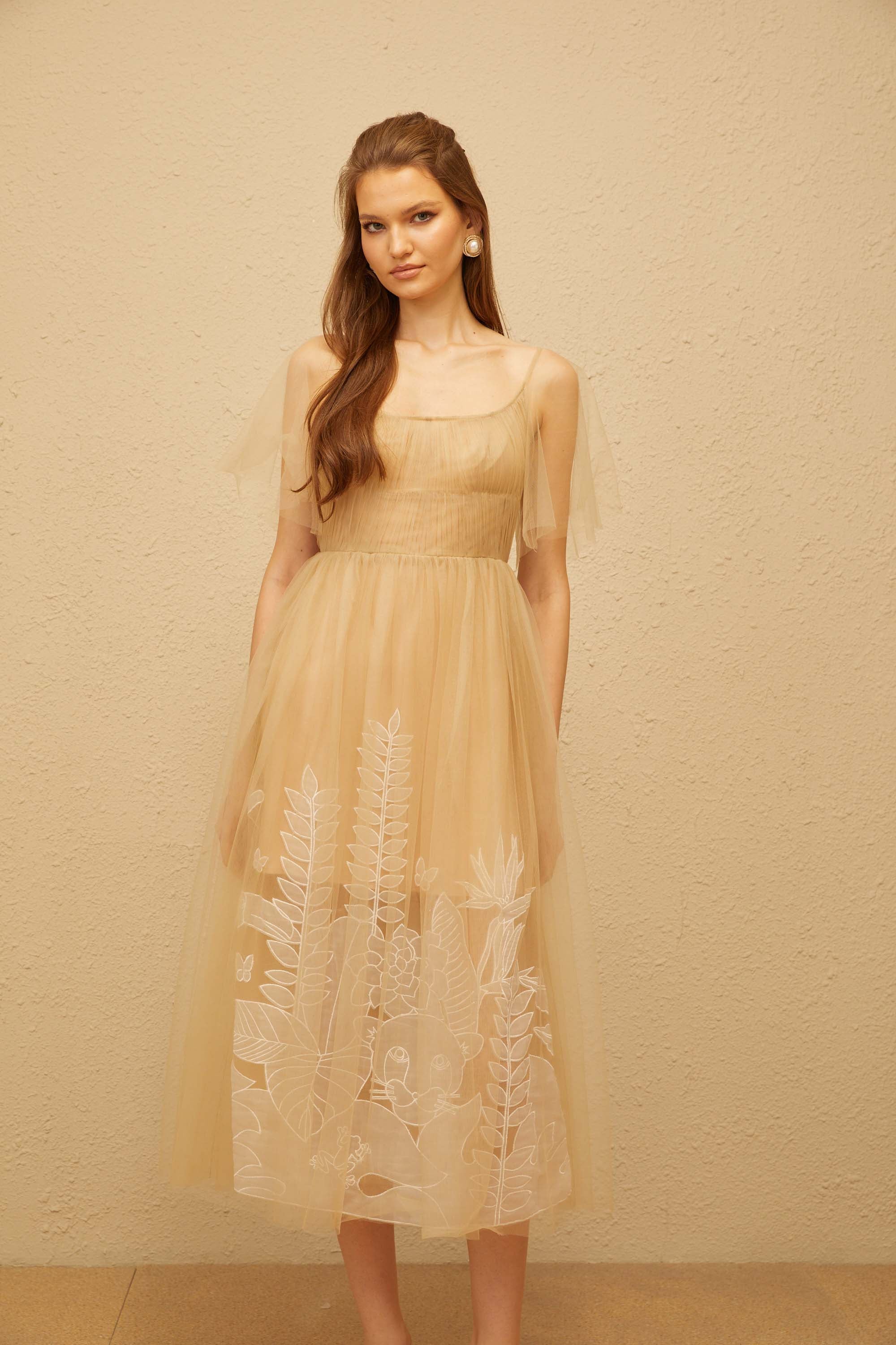 Blanka Neutral Pleated Jacquard Tulle Midi Dress (Final Sale)