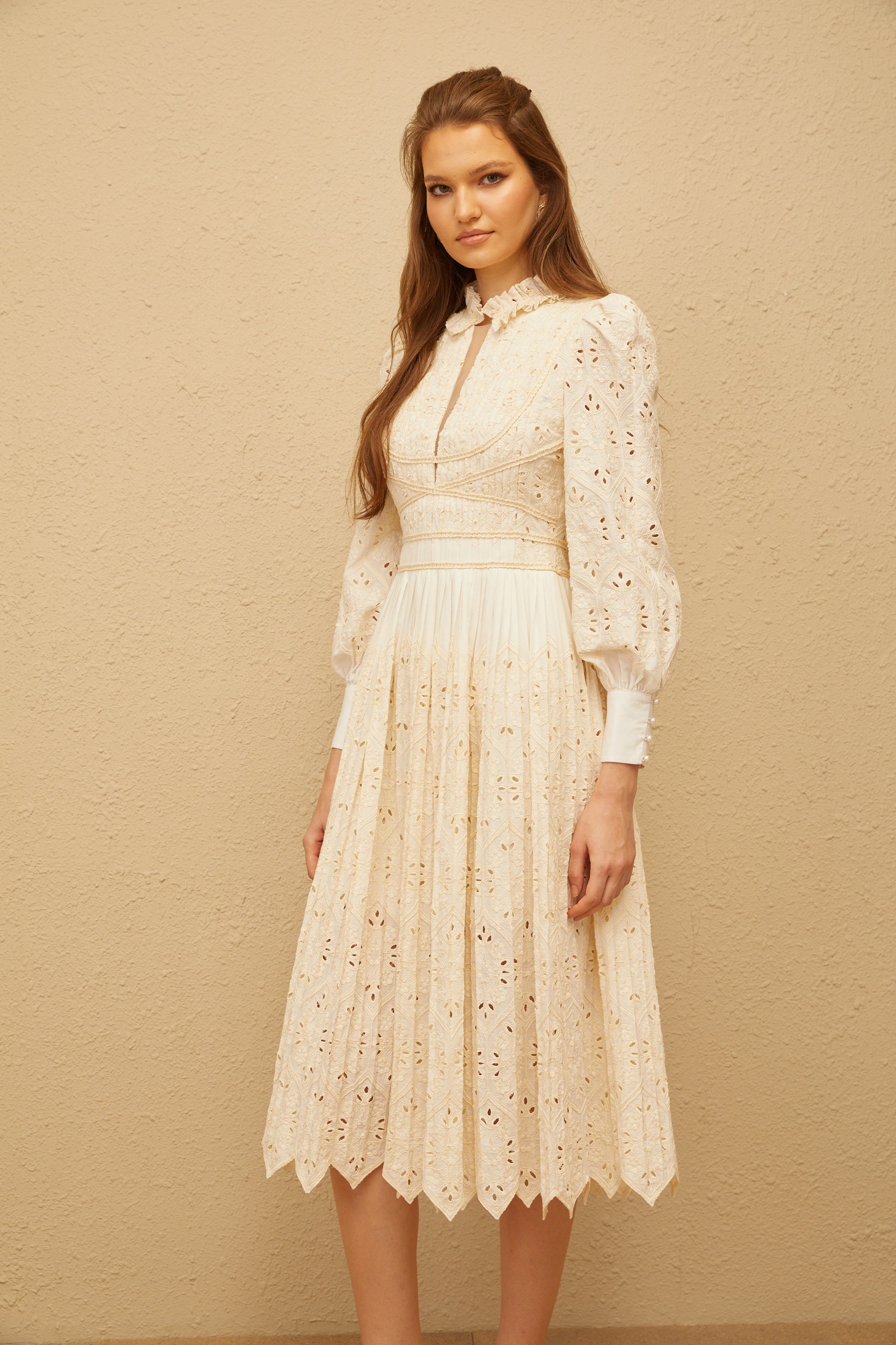 Isabeau Neutral Floral Embroidered Pleated Midi Dress (Final Sale)