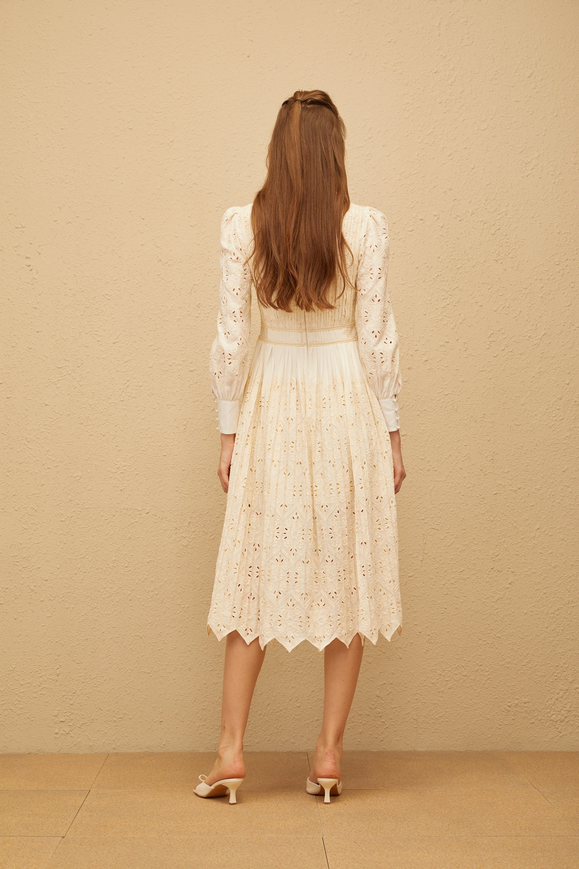 Isabeau Neutral Floral Embroidered Pleated Midi Dress (Final Sale-US Only)