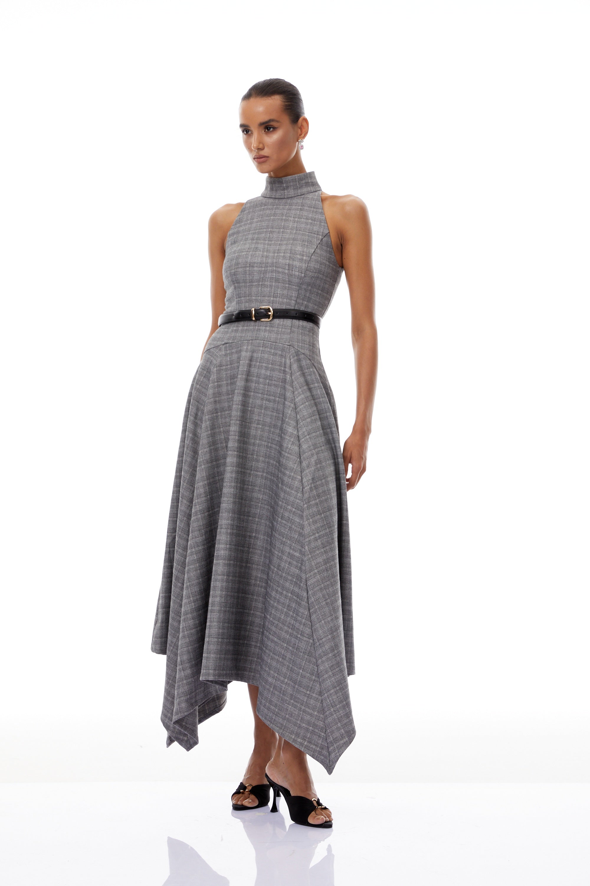 Wilhemine Grey Checked Tweed Midi Dress (Without Belt) (Final Sale)