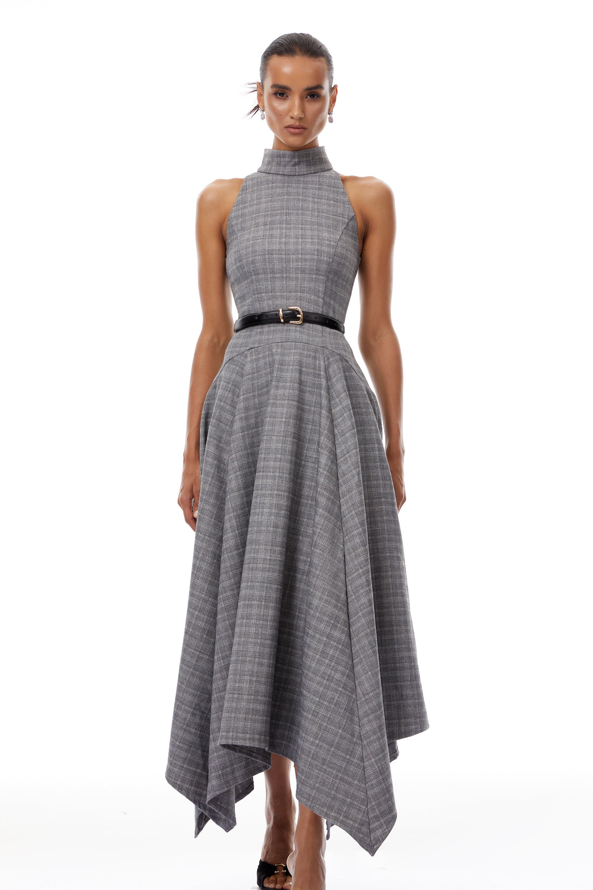 Wilhemine Grey Checked Tweed Midi Dress (Without Belt) (Final Sale-US Only)