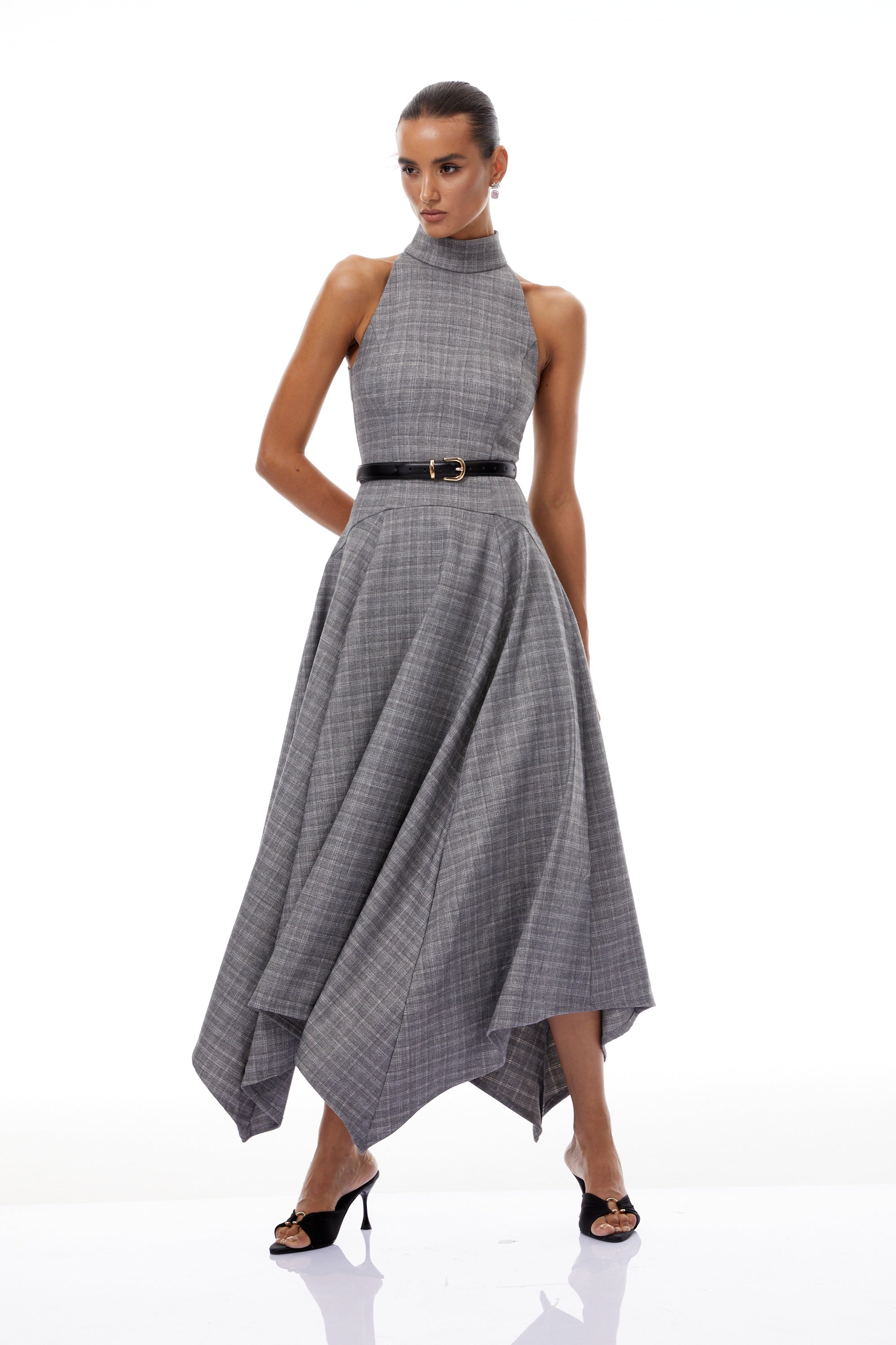 Wilhemine Grey Checked Tweed Midi Dress (Without Belt) (Final Sale-US Only)