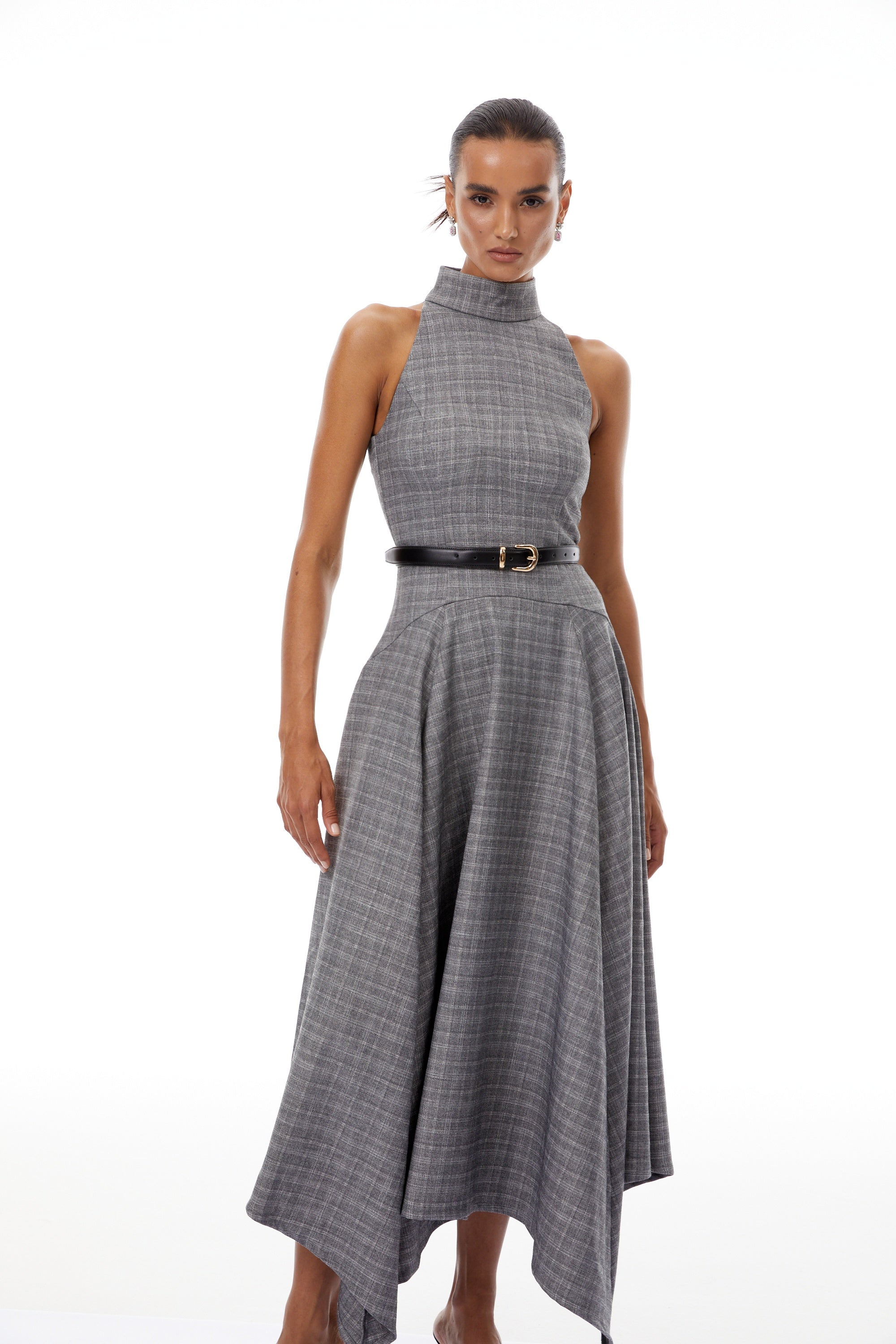 Wilhemine Grey Checked Tweed Midi Dress (Without Belt) (Final Sale)