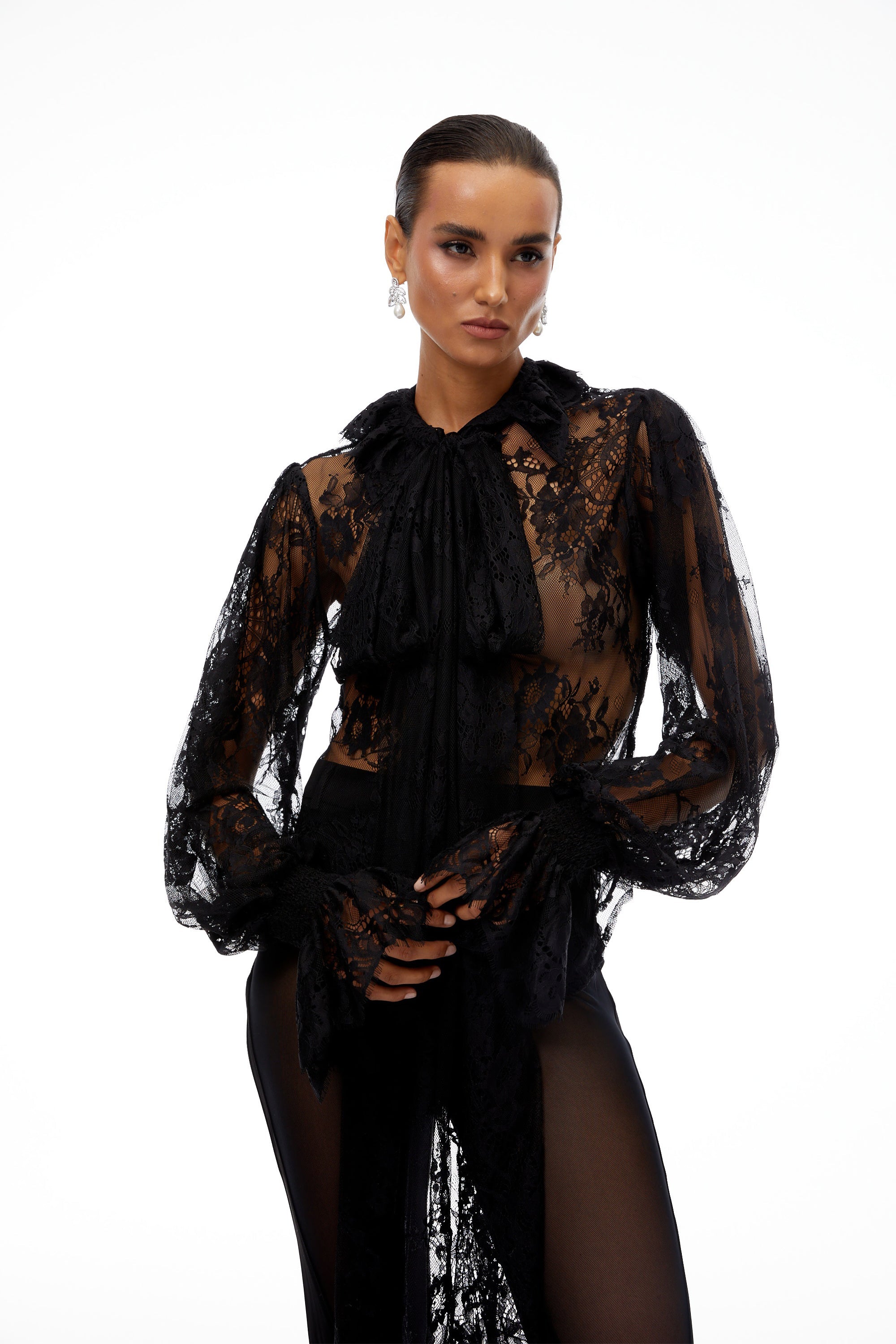 Quintine Black Ribbon Tie-Neck Floral Lace Blouse (Final Sale)