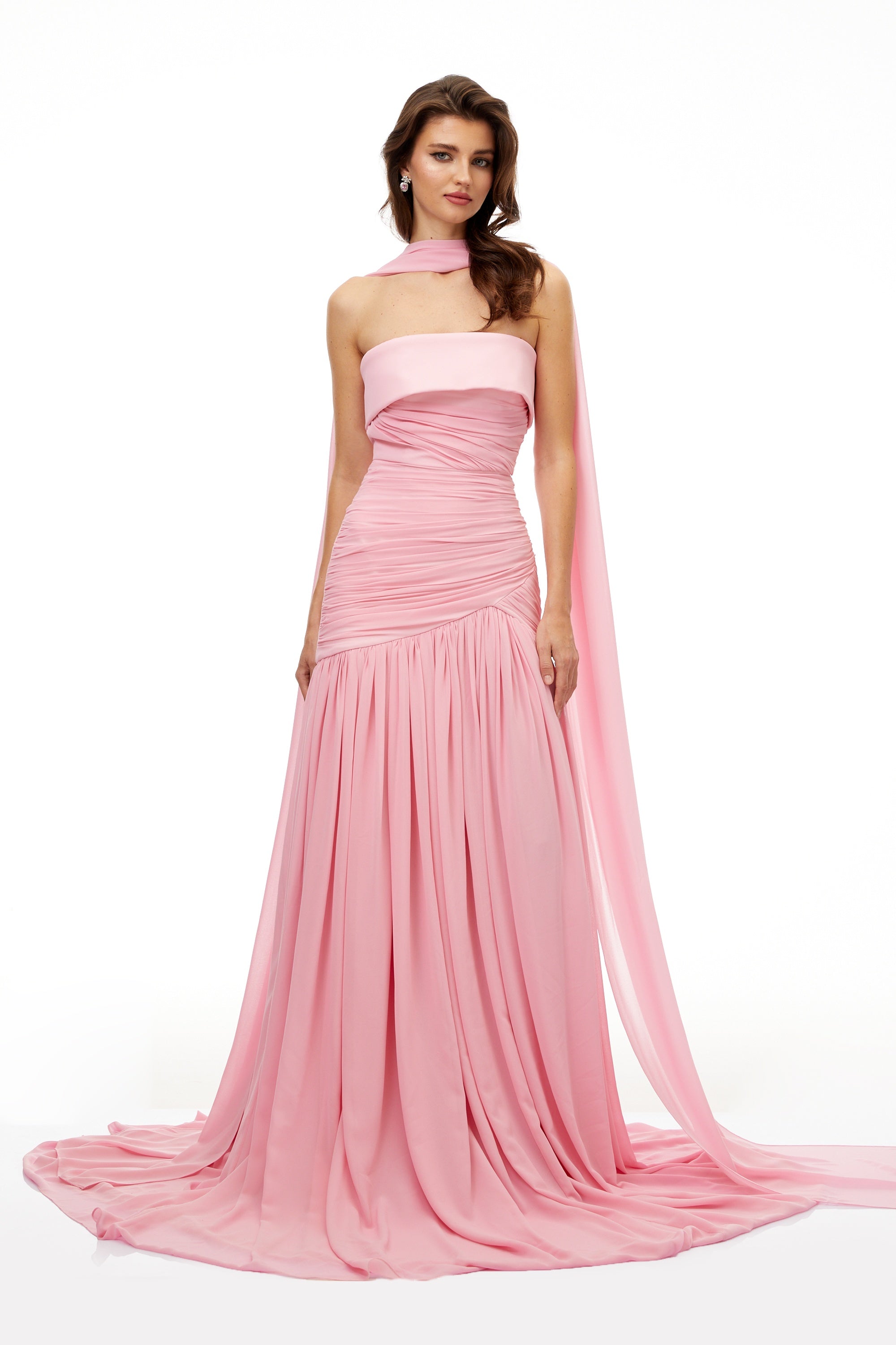 Laetitia Pink Pleated Train Ruched Maxi Dress (Final Sale)