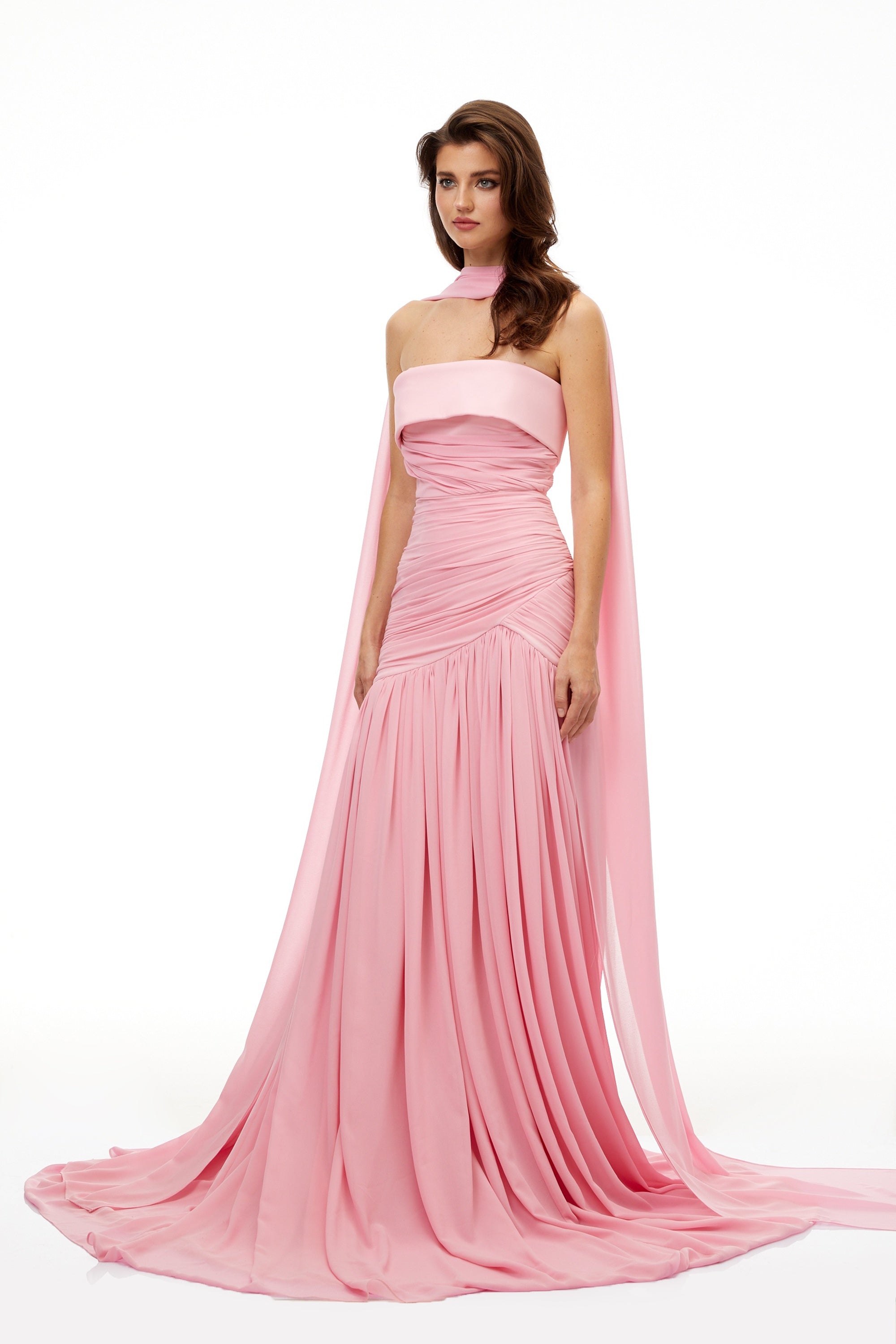 Laetitia Pink Pleated Train Ruched Maxi Dress (Final Sale)