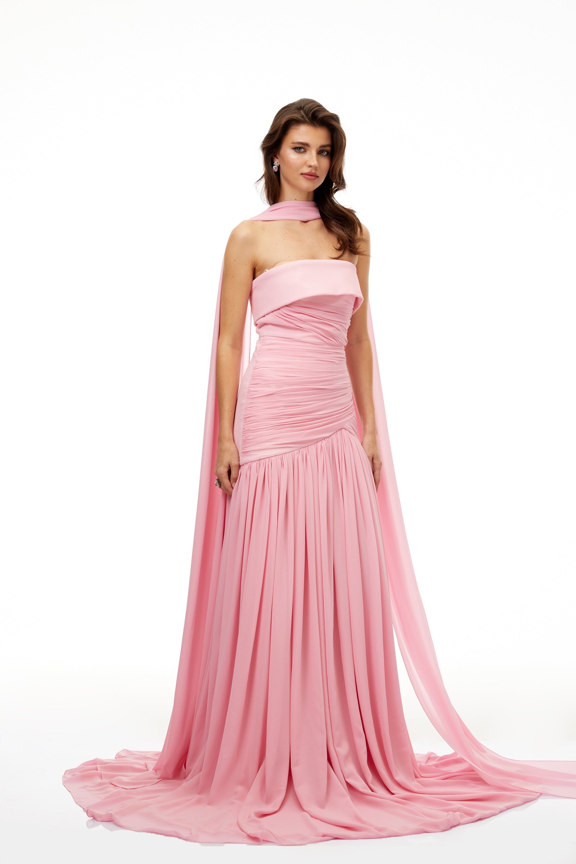 Laetitia Pink Pleated Train Ruched Maxi Dress (Final Sale)