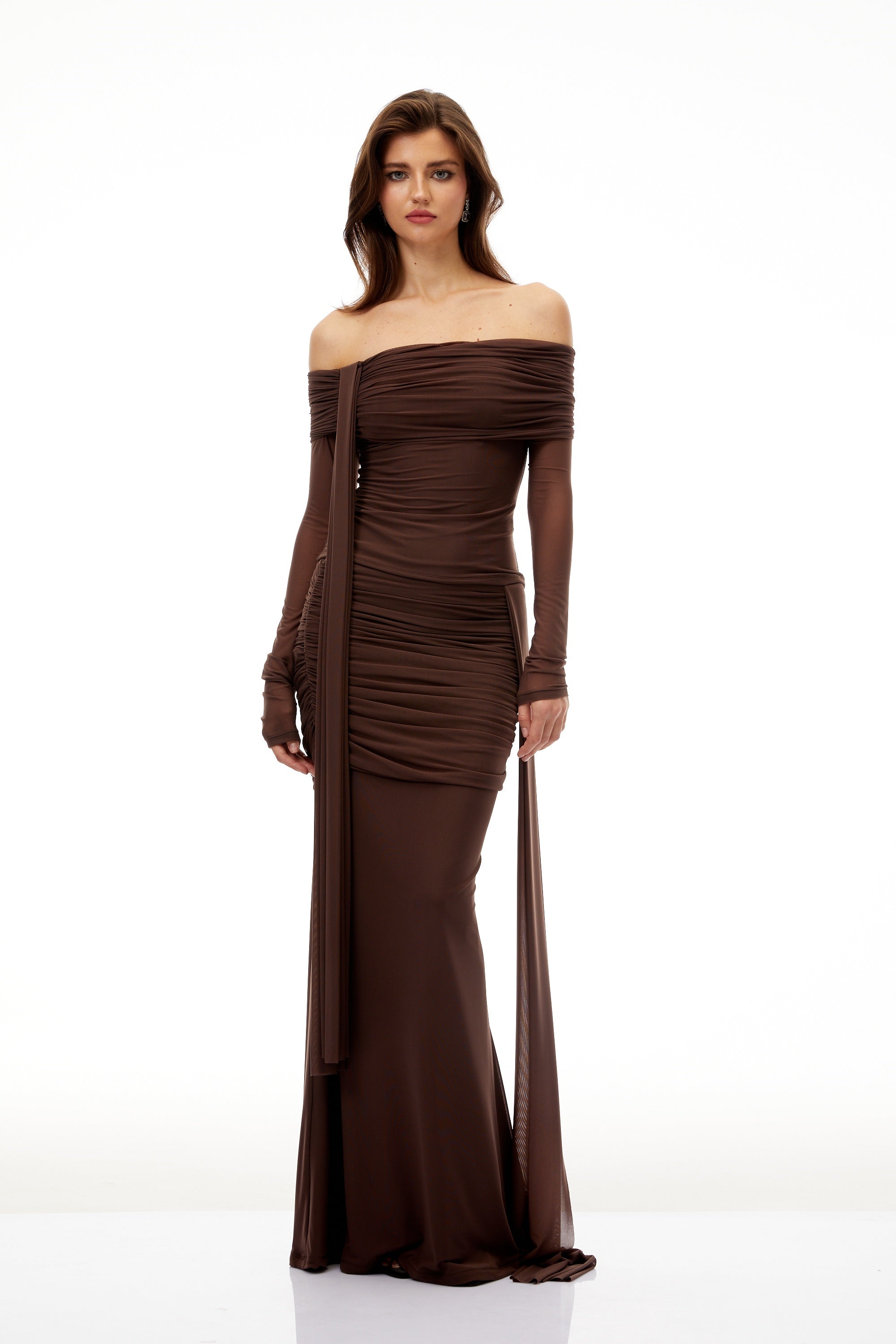 Hyacinthe Brown Asymmetrical Ruched Top & Skirt Set (Final Sale)