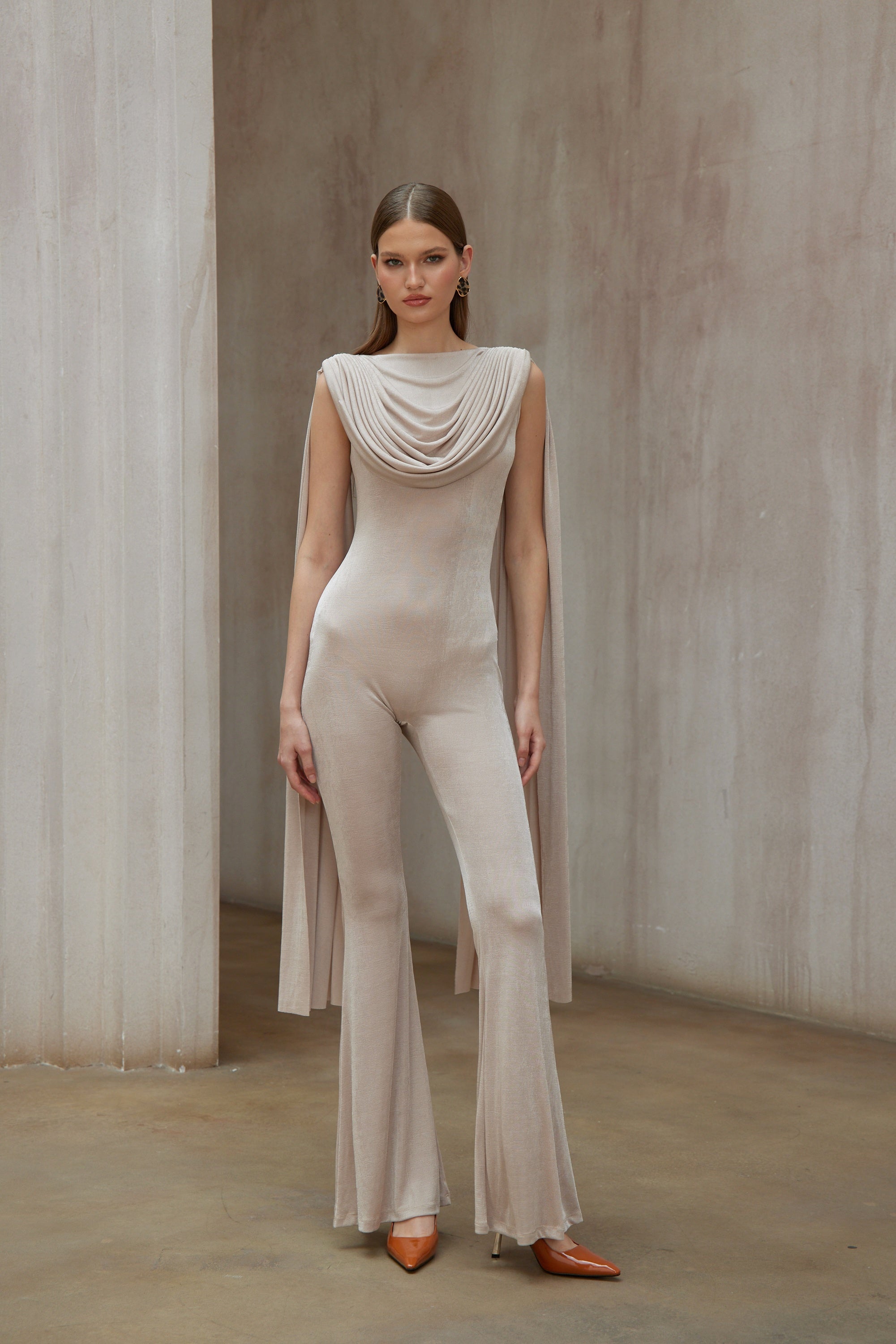 Clarisse Neutral Dropped Design Velvet Jumpsuit (Final Sale)