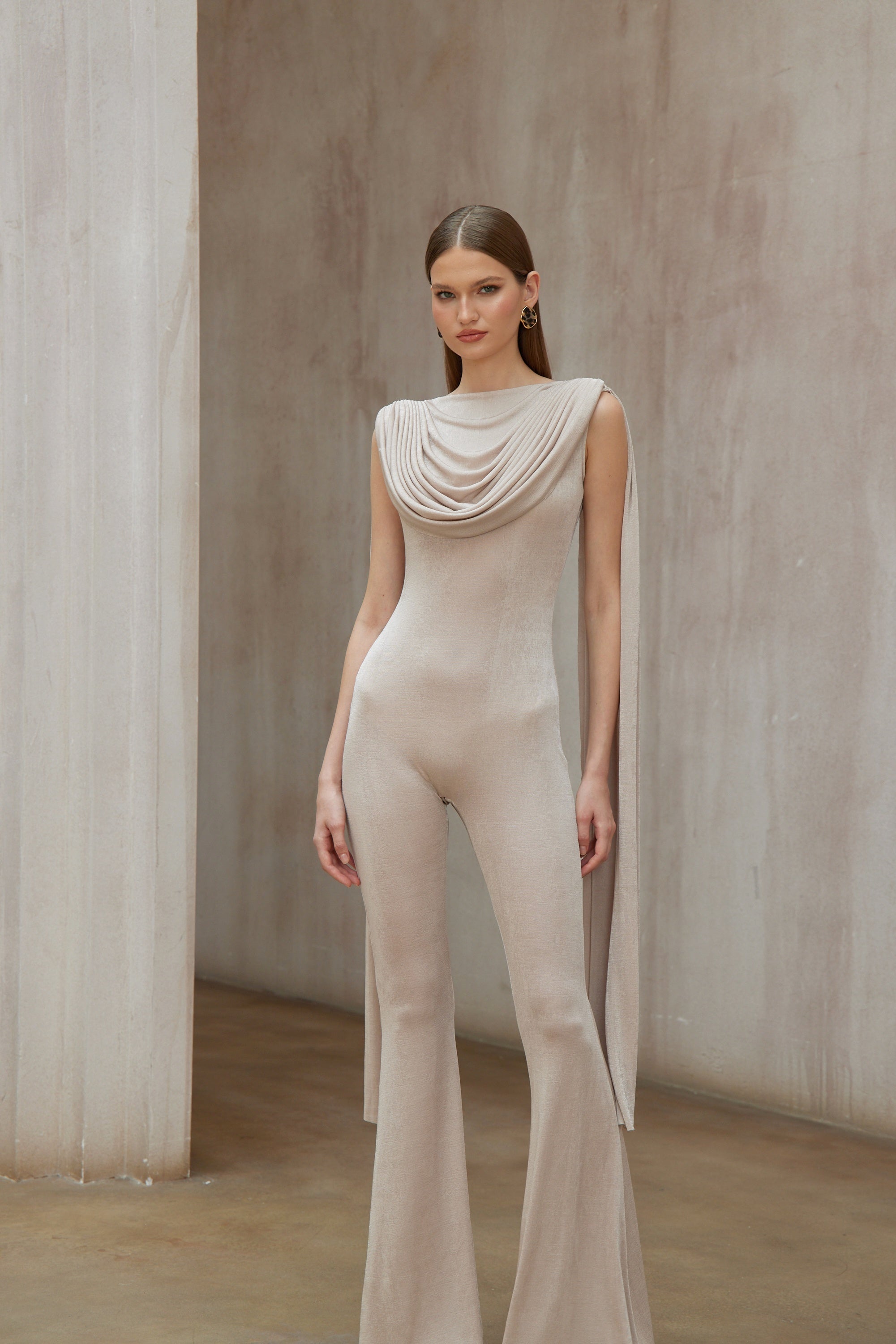 Clarisse Neutral Dropped Design Velvet Jumpsuit (Final Sale)