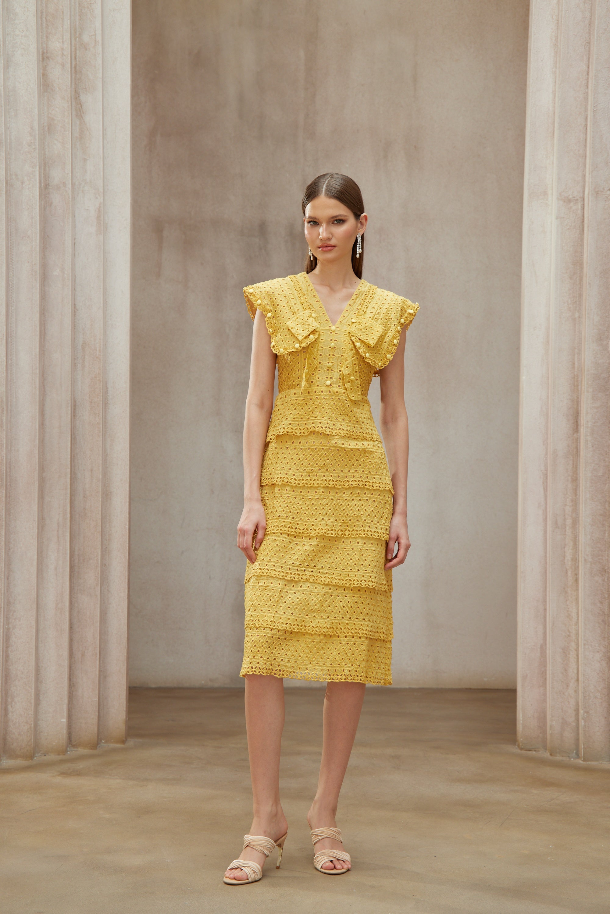 Fidji Yellow Layered Embroidered Midi Dress (Final Sale)