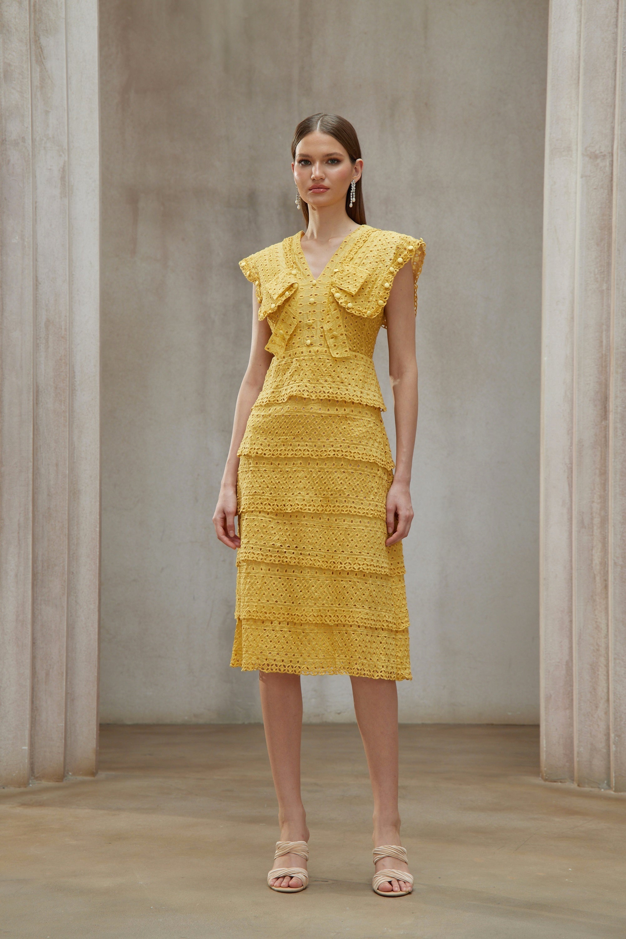 Fidji Yellow Layered Embroidered Midi Dress (Final Sale)