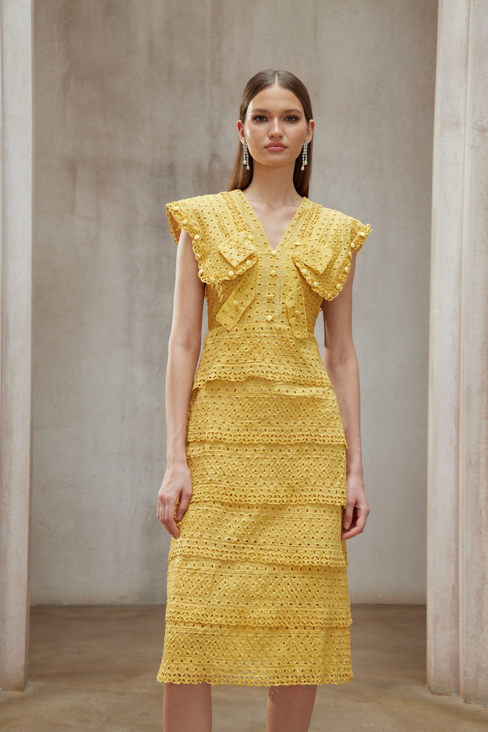 Fidji Yellow Layered Embroidered Midi Dress (Final Sale)