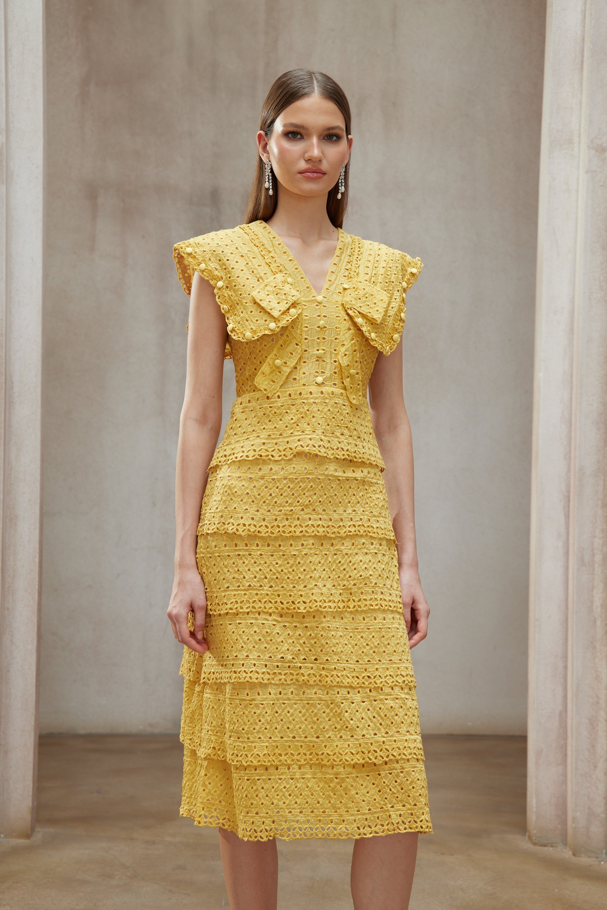 Fidji Yellow Layered Embroidered Midi Dress (Final Sale)