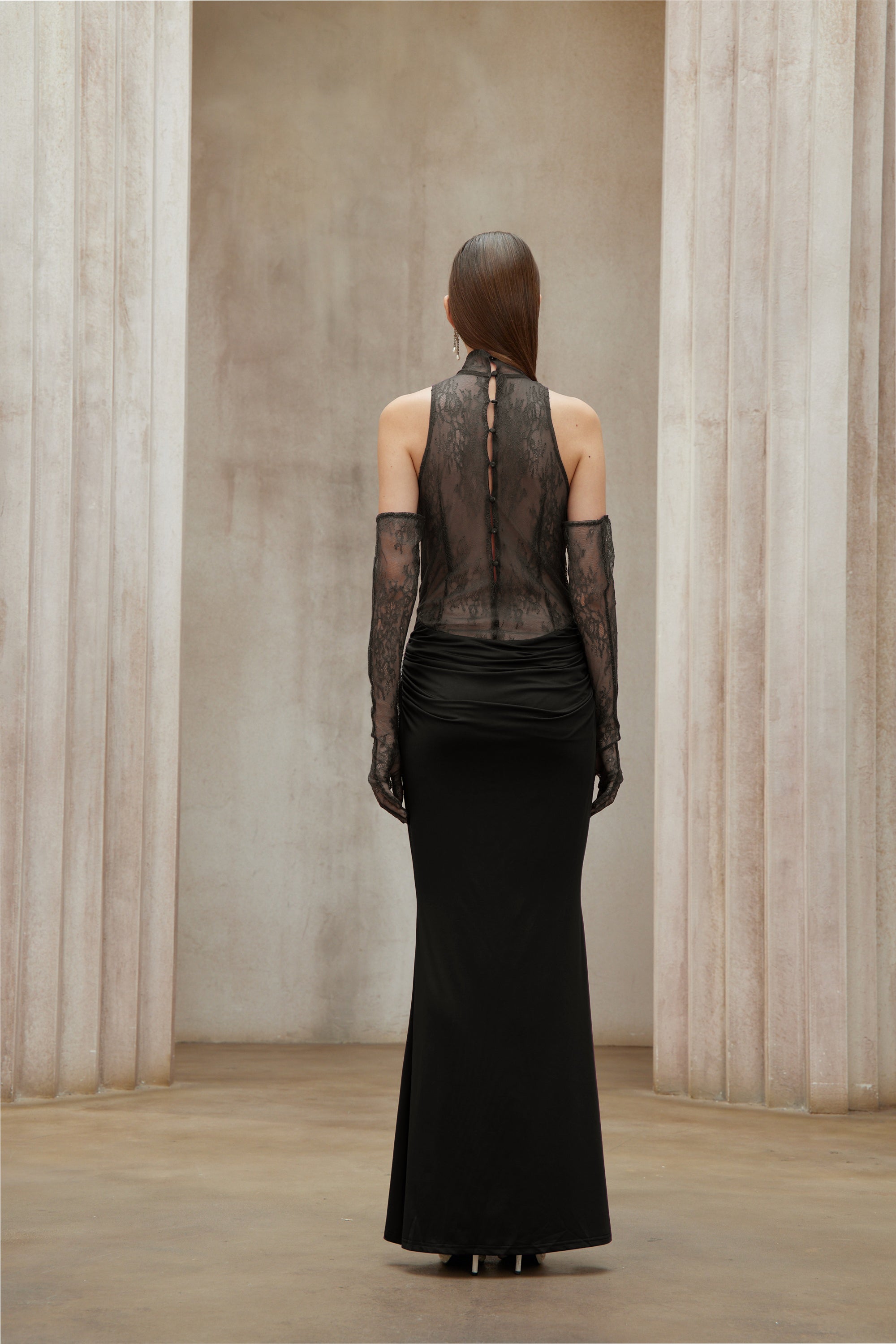 Borbála Black Lace Bodice Ruched Maxi Dress (Final Sale-US Only)