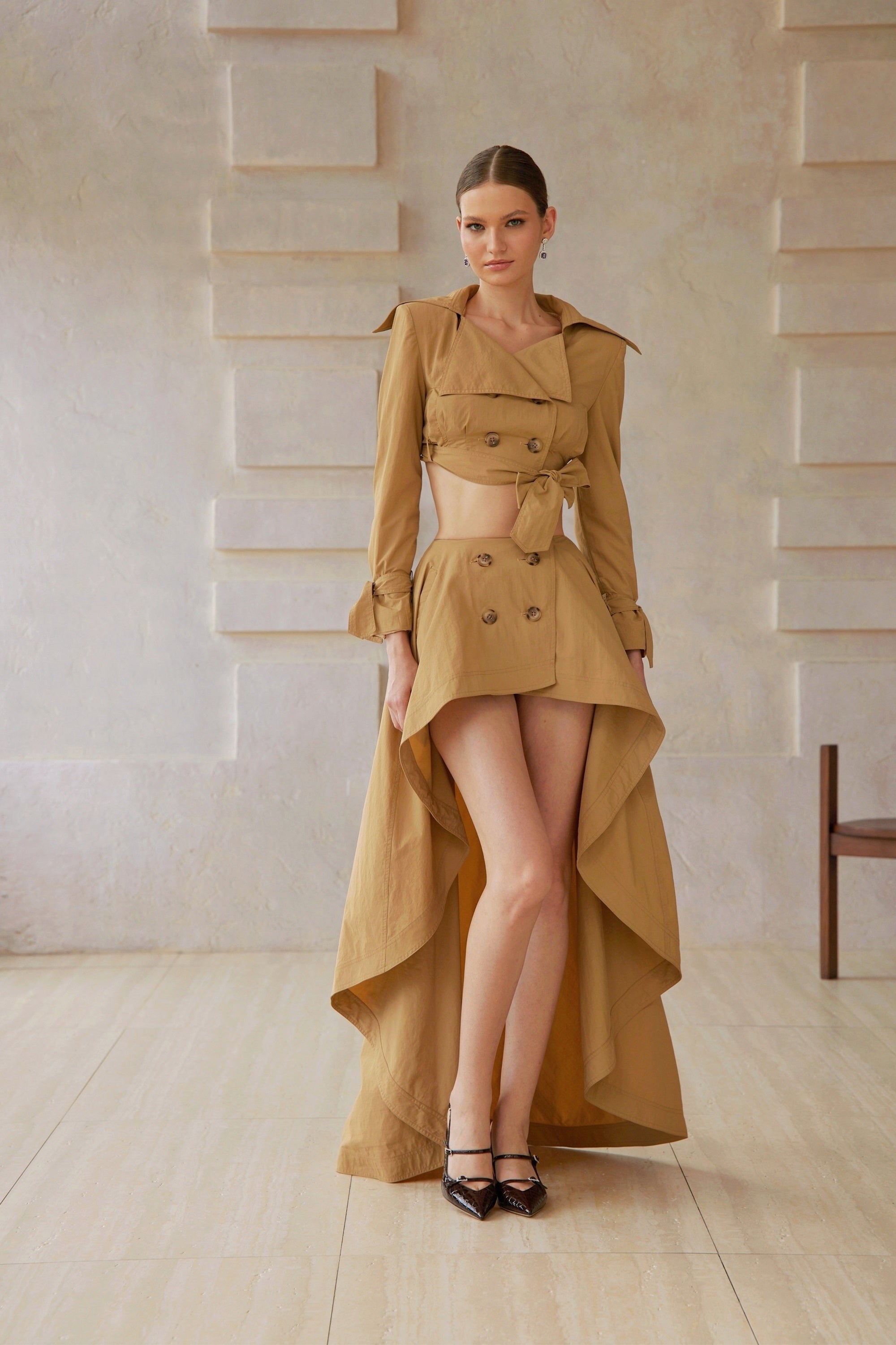 Maelle Khaki Cropped Trench Jacket & Skirt Matching Set (Final Sale)