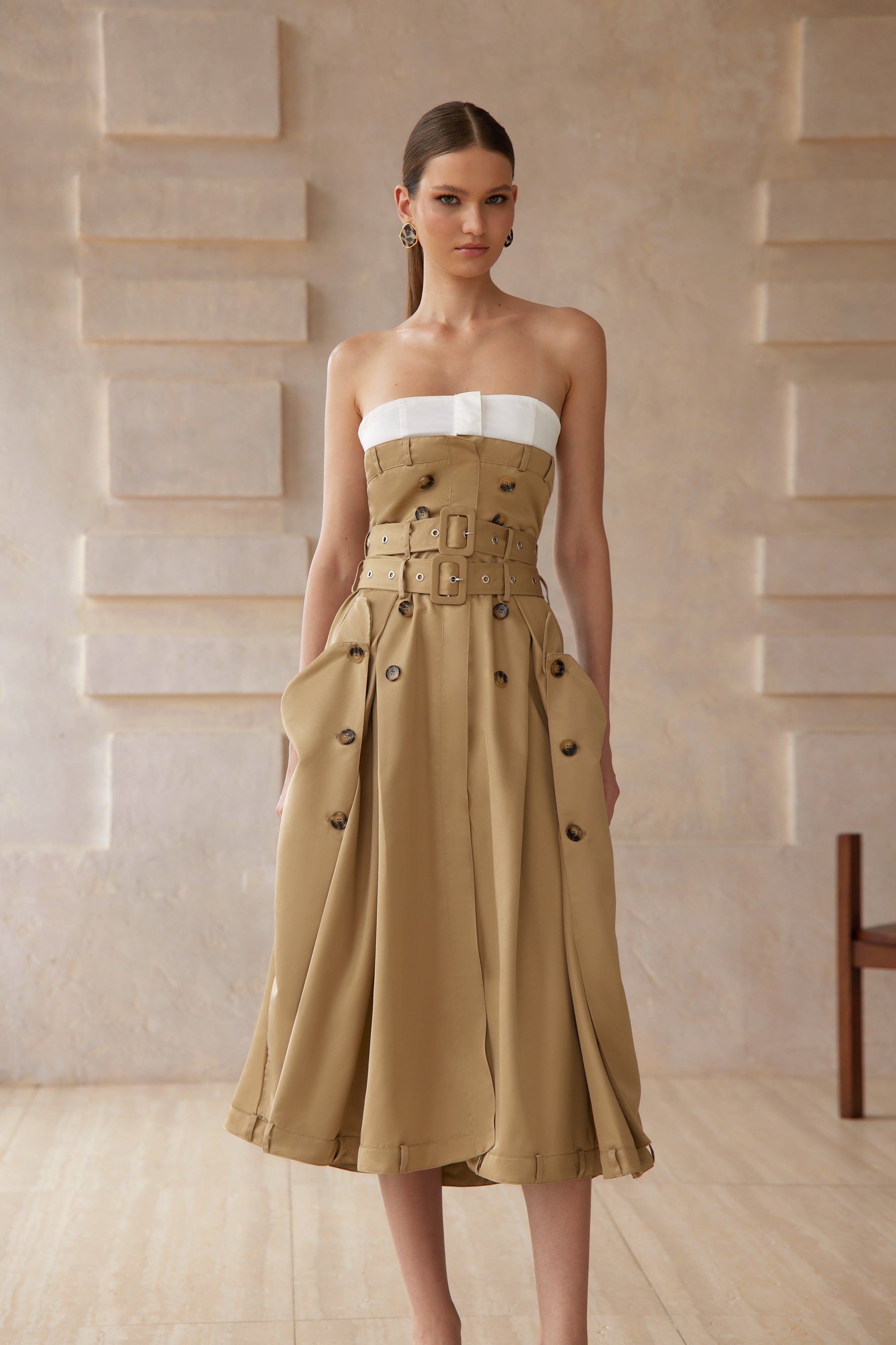 Alba Khaki Trench Style Midi Dress