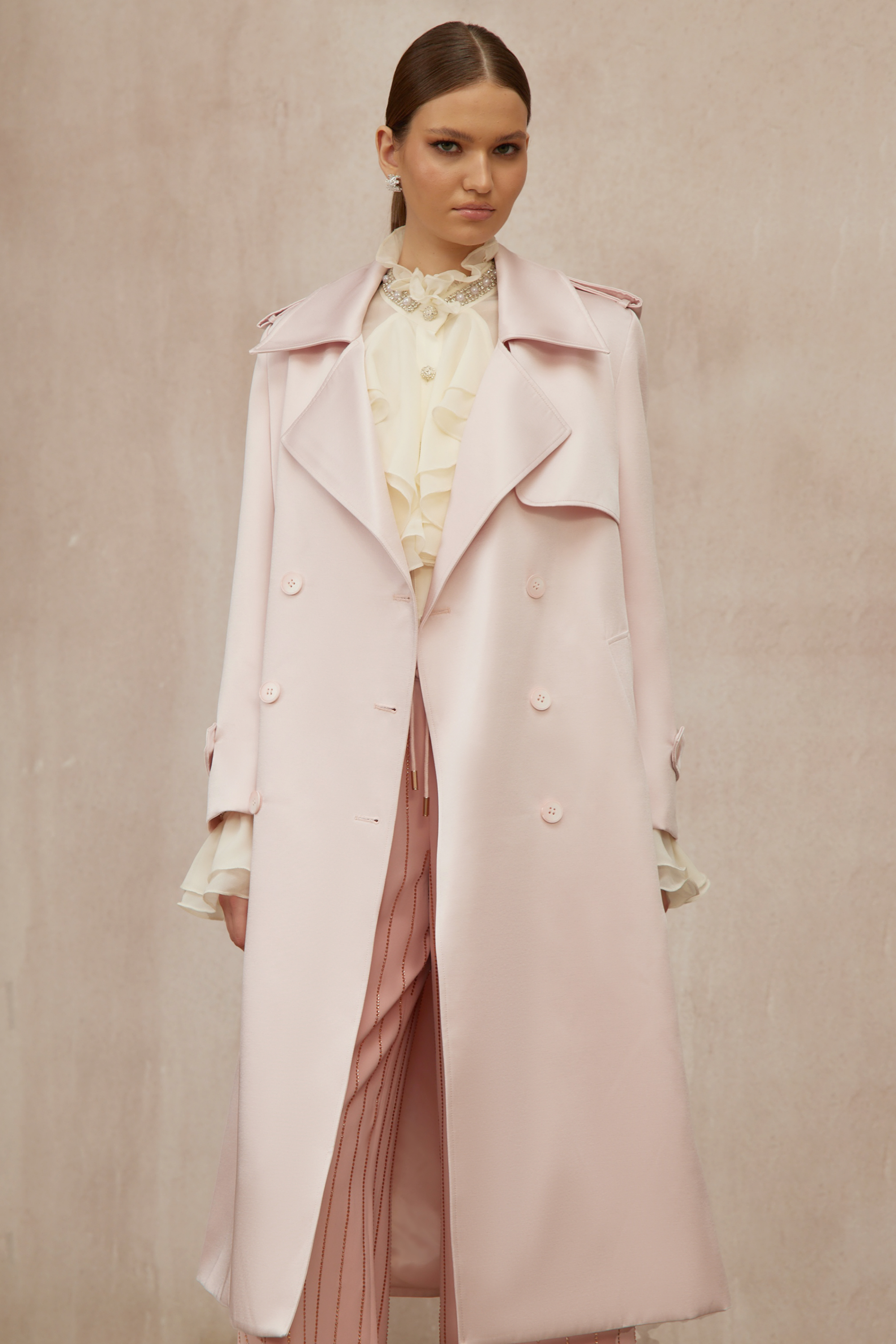 Caméo Pink Double-Breasted Satin Trench Overcoat (Final Sale)