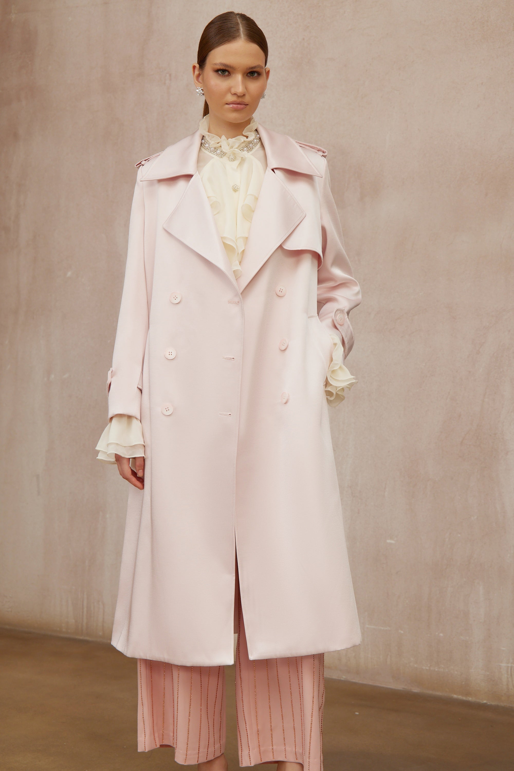 Caméo Pink Double-Breasted Satin Trench Overcoat (Final Sale)