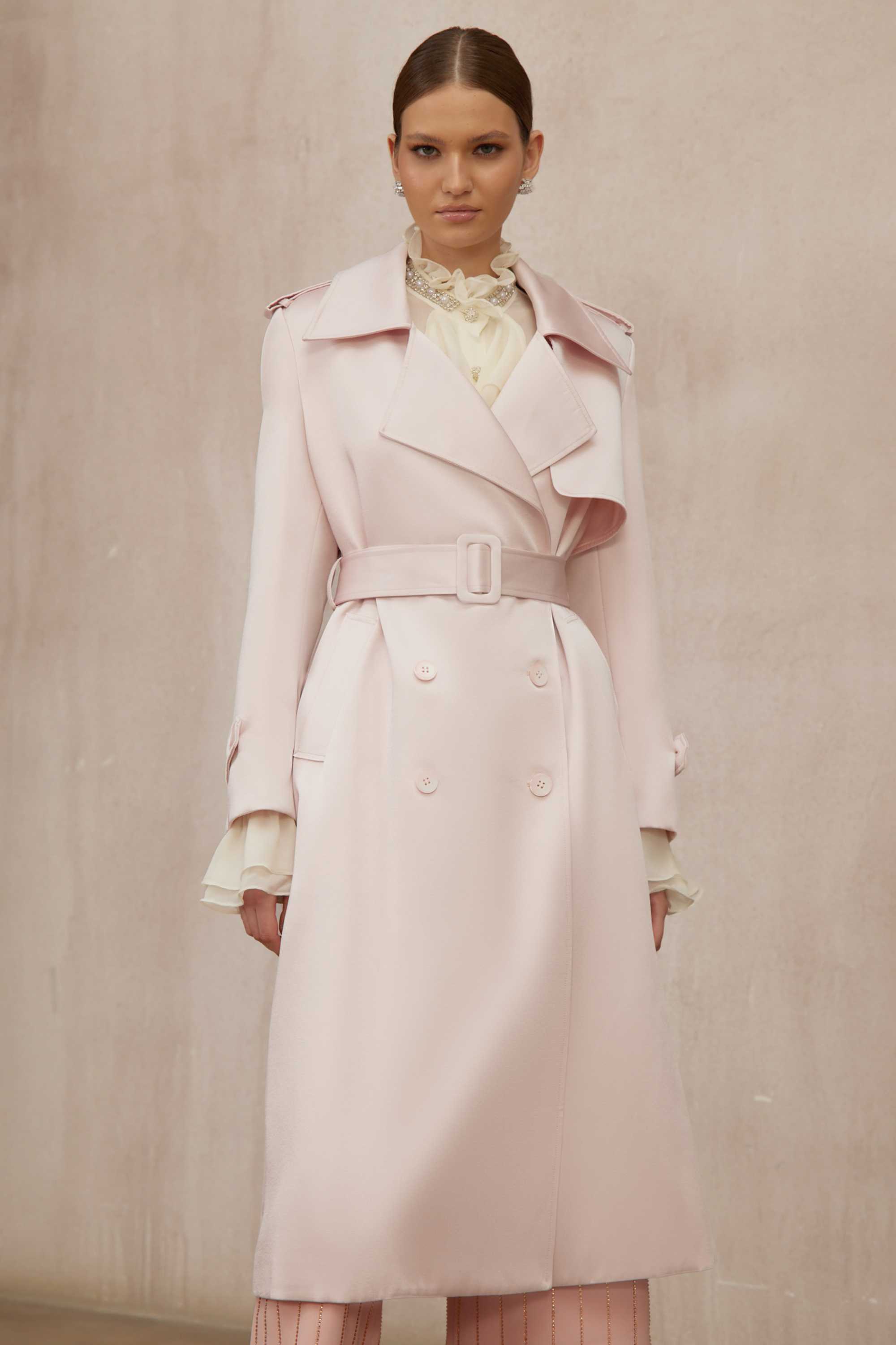 Caméo Pink Double-Breasted Satin Trench Overcoat (Final Sale)