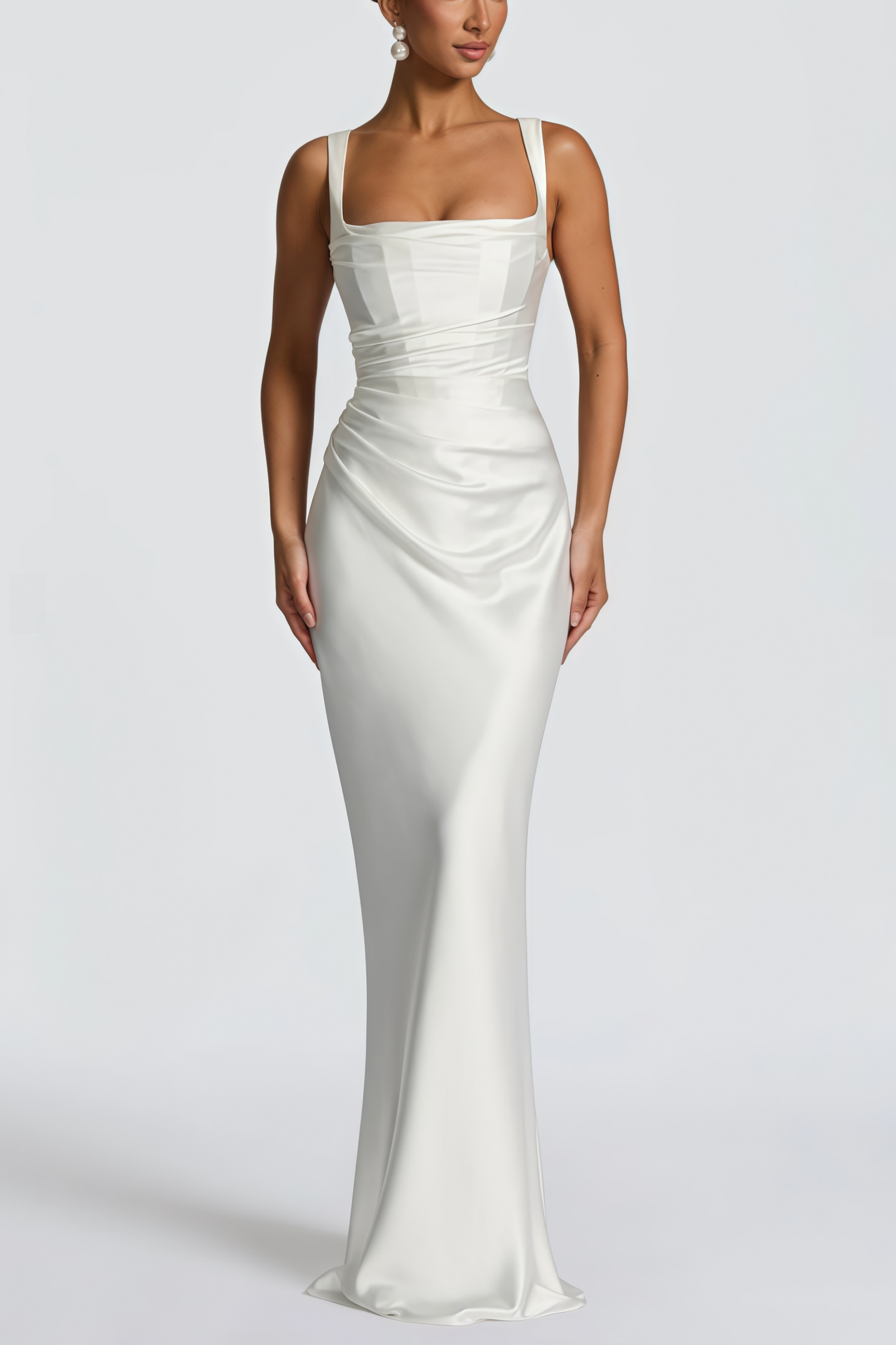 White Ruched Satin Maxi Dress