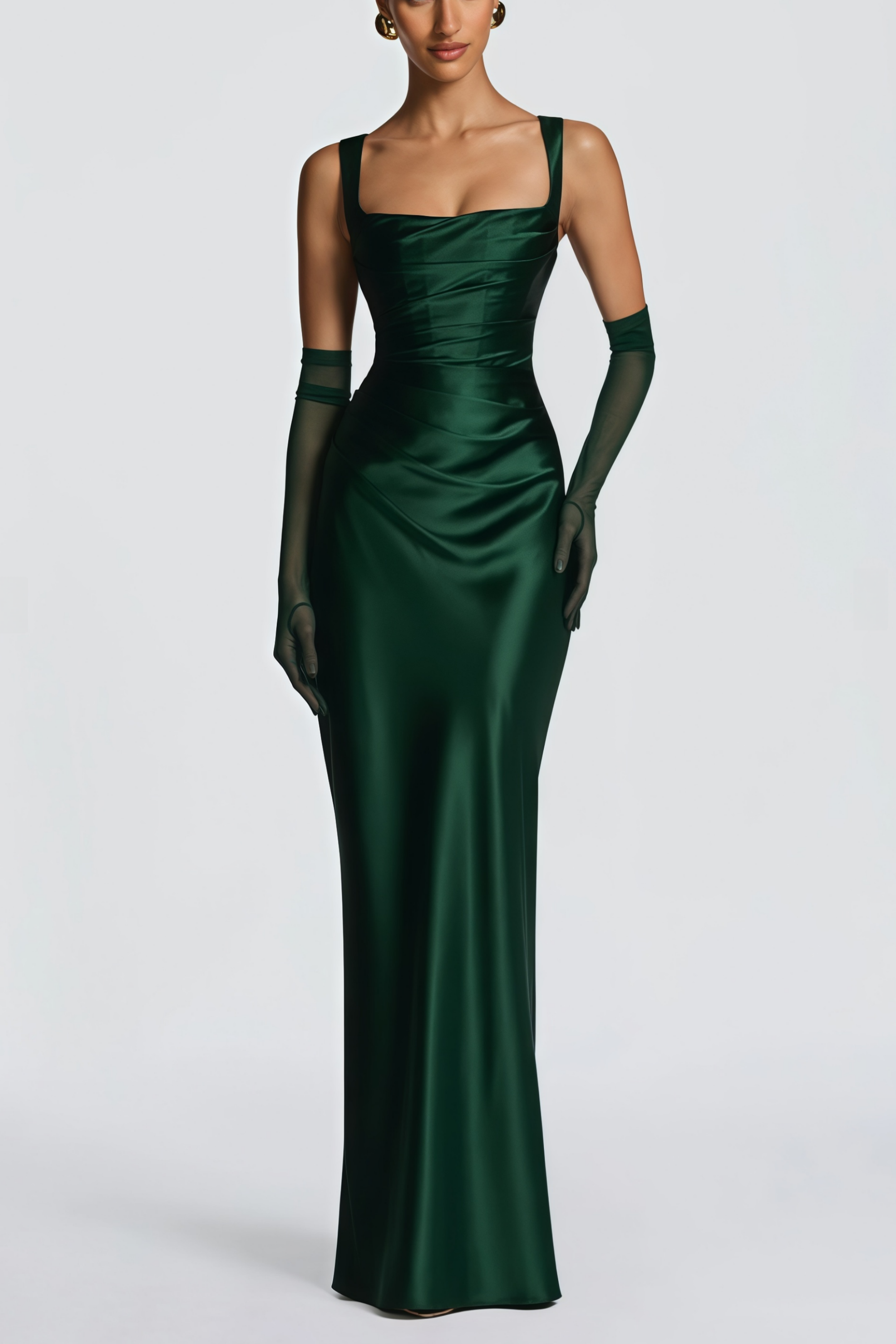 Emerald Ruched Satin Maxi Dress