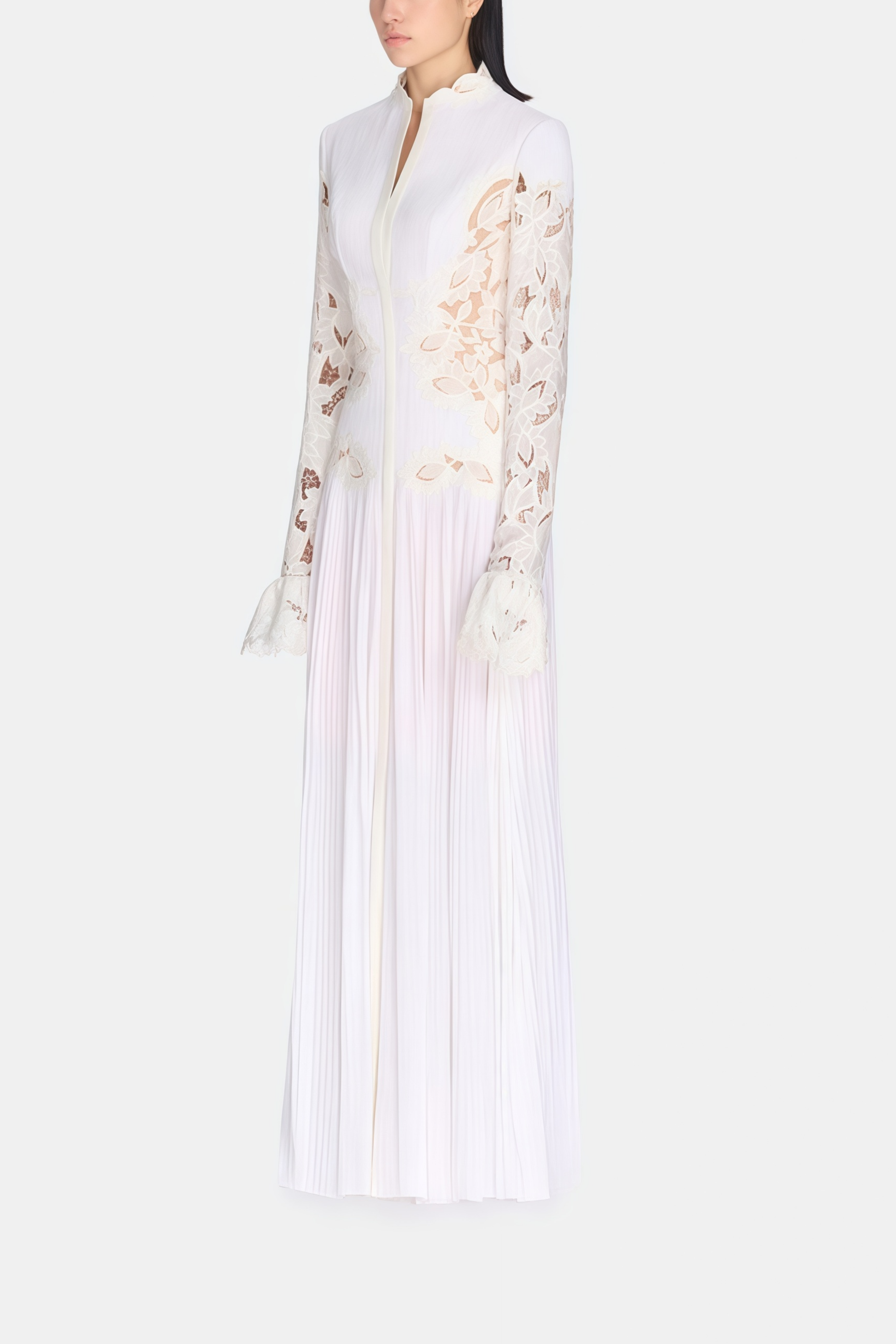 Chiara White Lace Panel Pleated Midi Dress