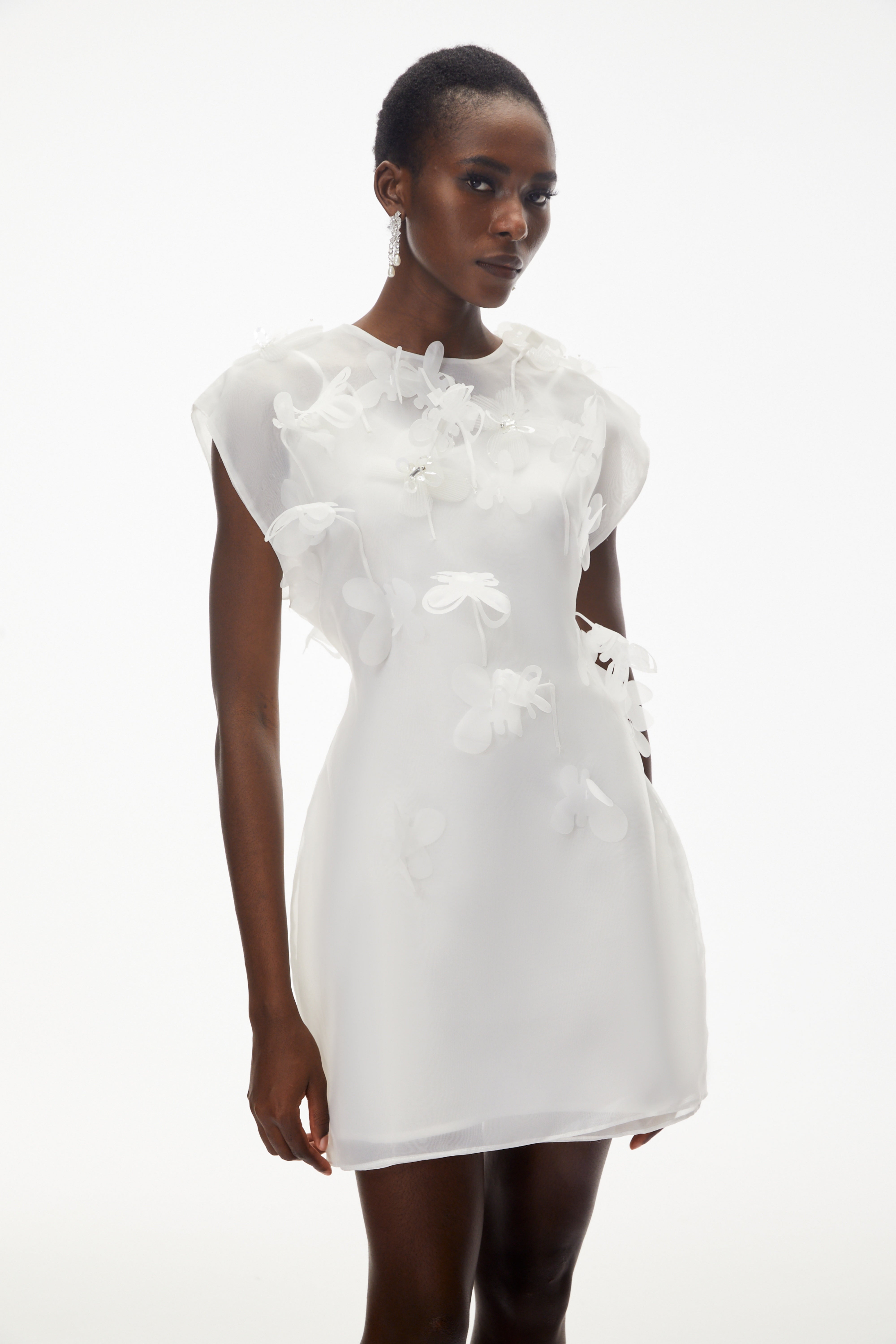 Maryam White Chiffon Mini Dress with 3D Petals (Final Sale)