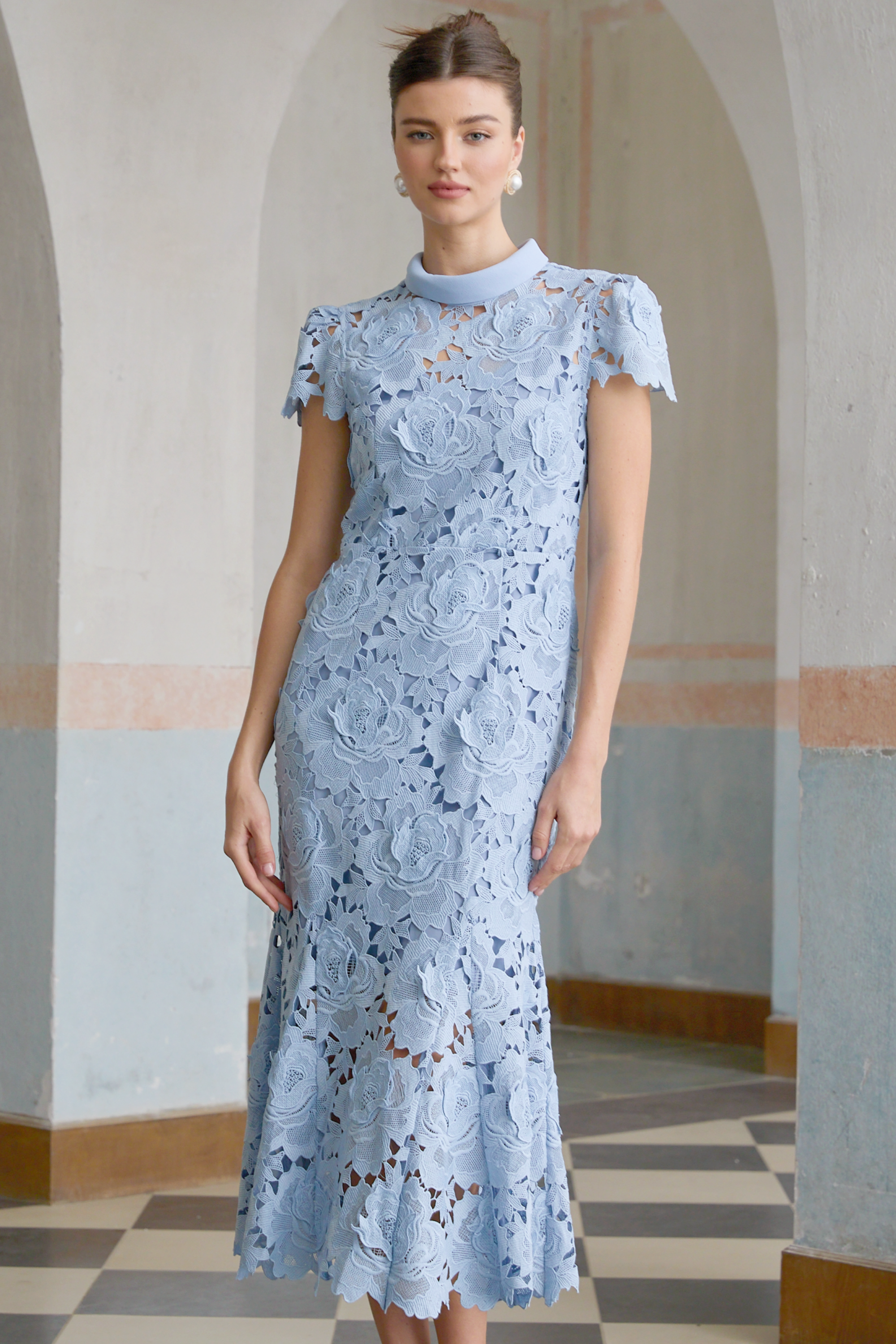 Aurore Blue Floral Appliqué Lace Midi Dress (Final Sale)
