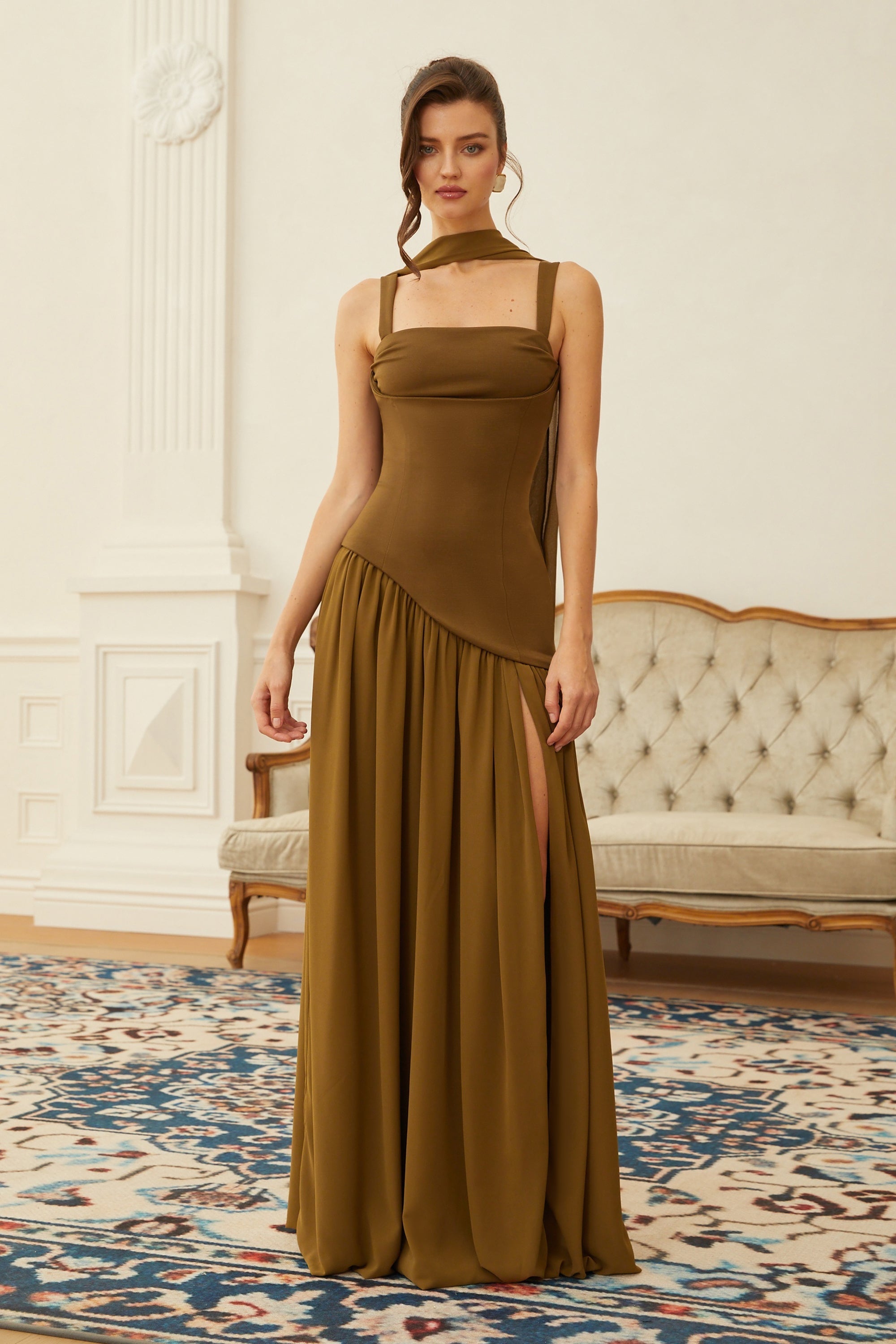 Sidonie Atrovirens Asymmetrical Maxi Gown (Without Gloves) (Final Sale)