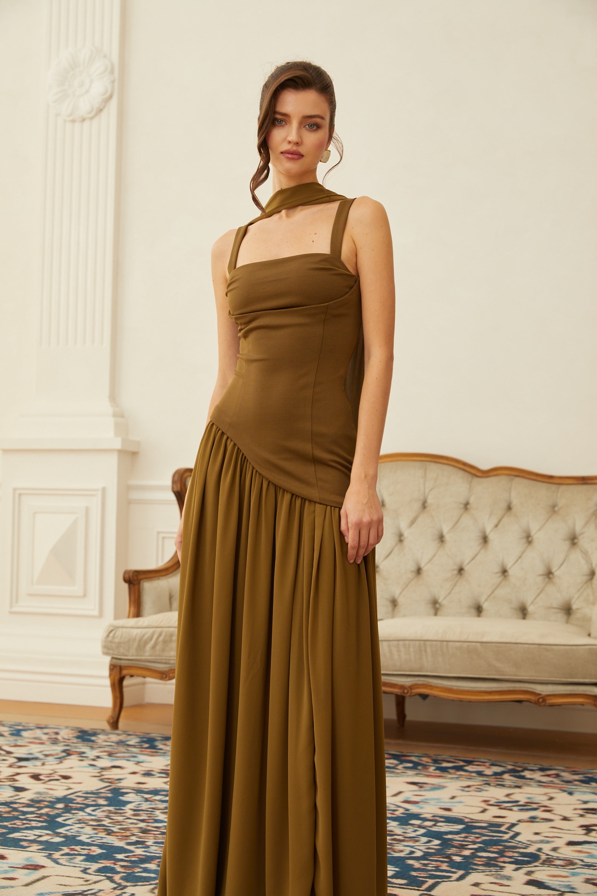 Sidonie Atrovirens Asymmetrical Maxi Gown (Without Gloves) (Final Sale)