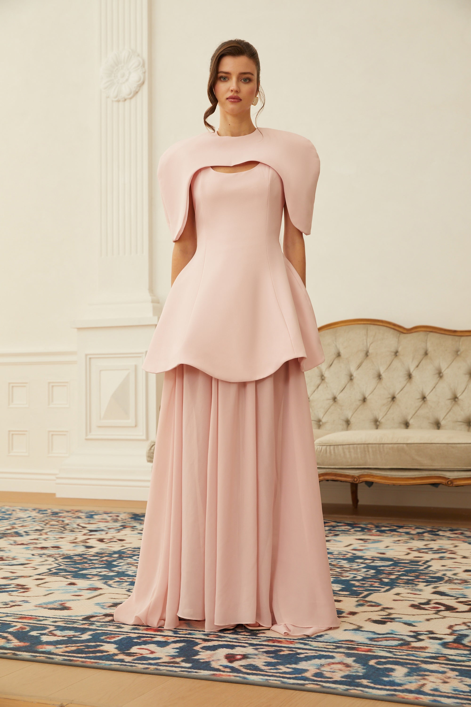 Auriane Pink Layered Cape Sculptural Maxi Dress Set (Final Sale-US Only)