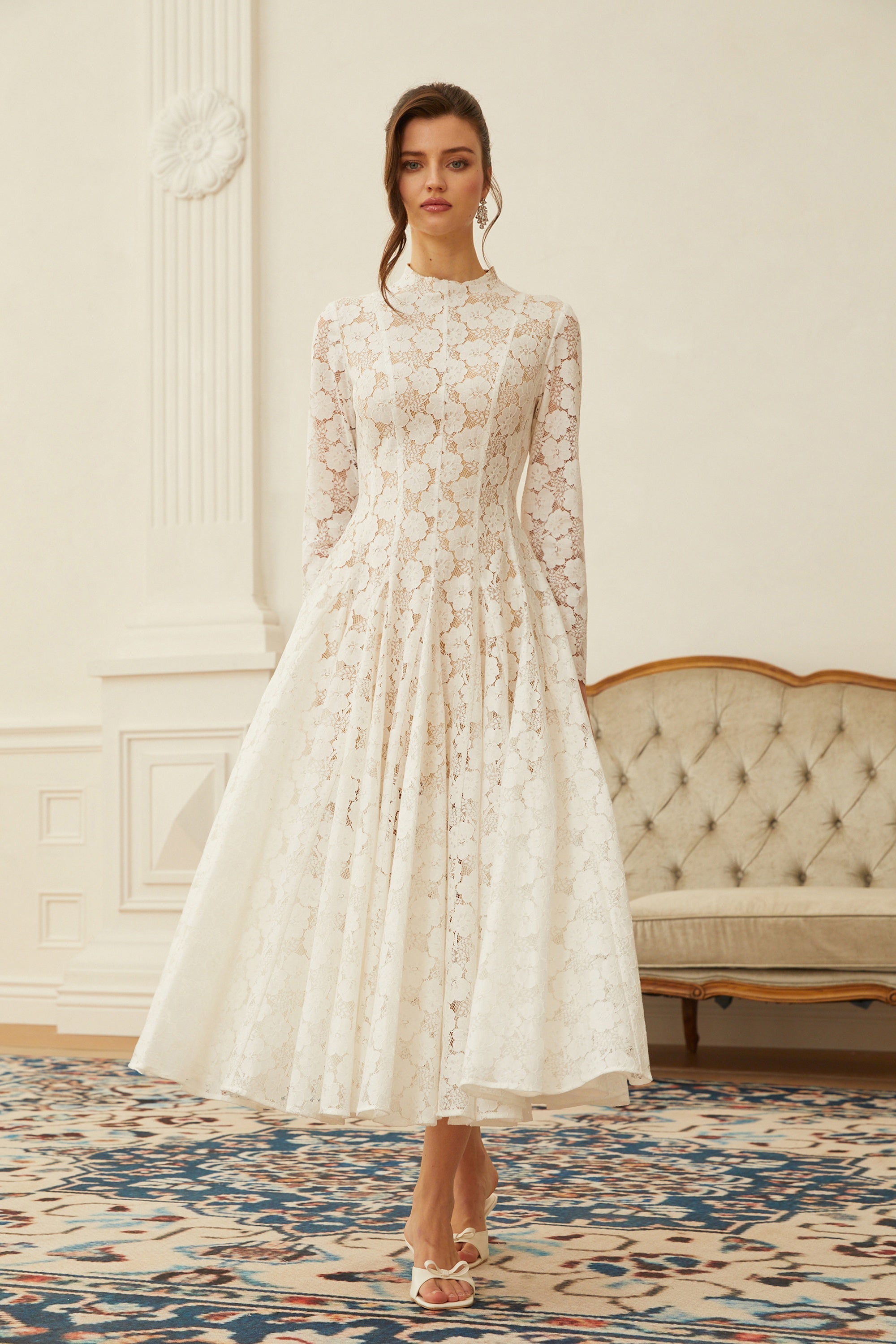 White Pleated Floral Lace Midi Dress