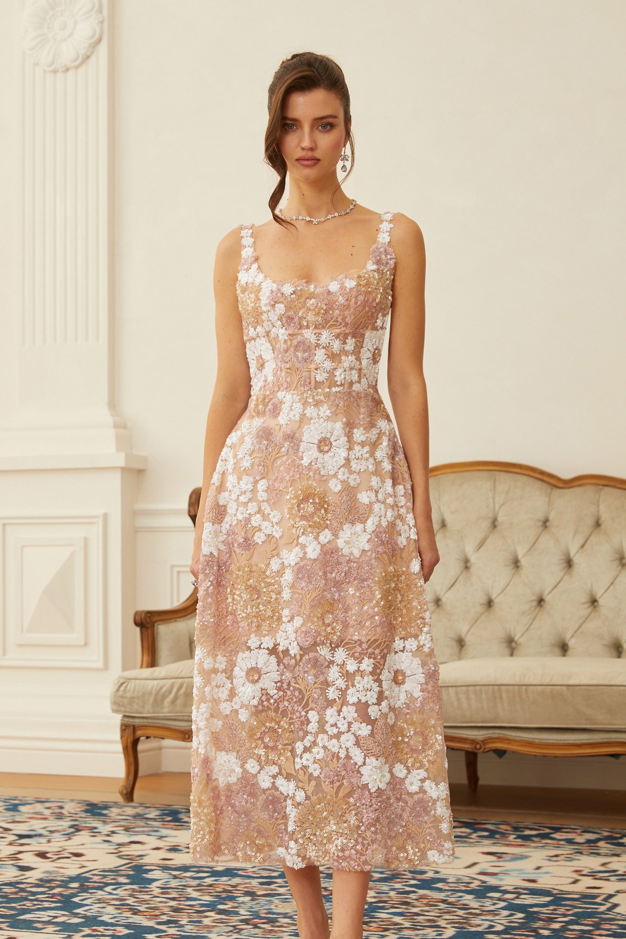 Eirlys Neutral Sequined Floral Tulle Midi Dress (Final Sale-US Only)