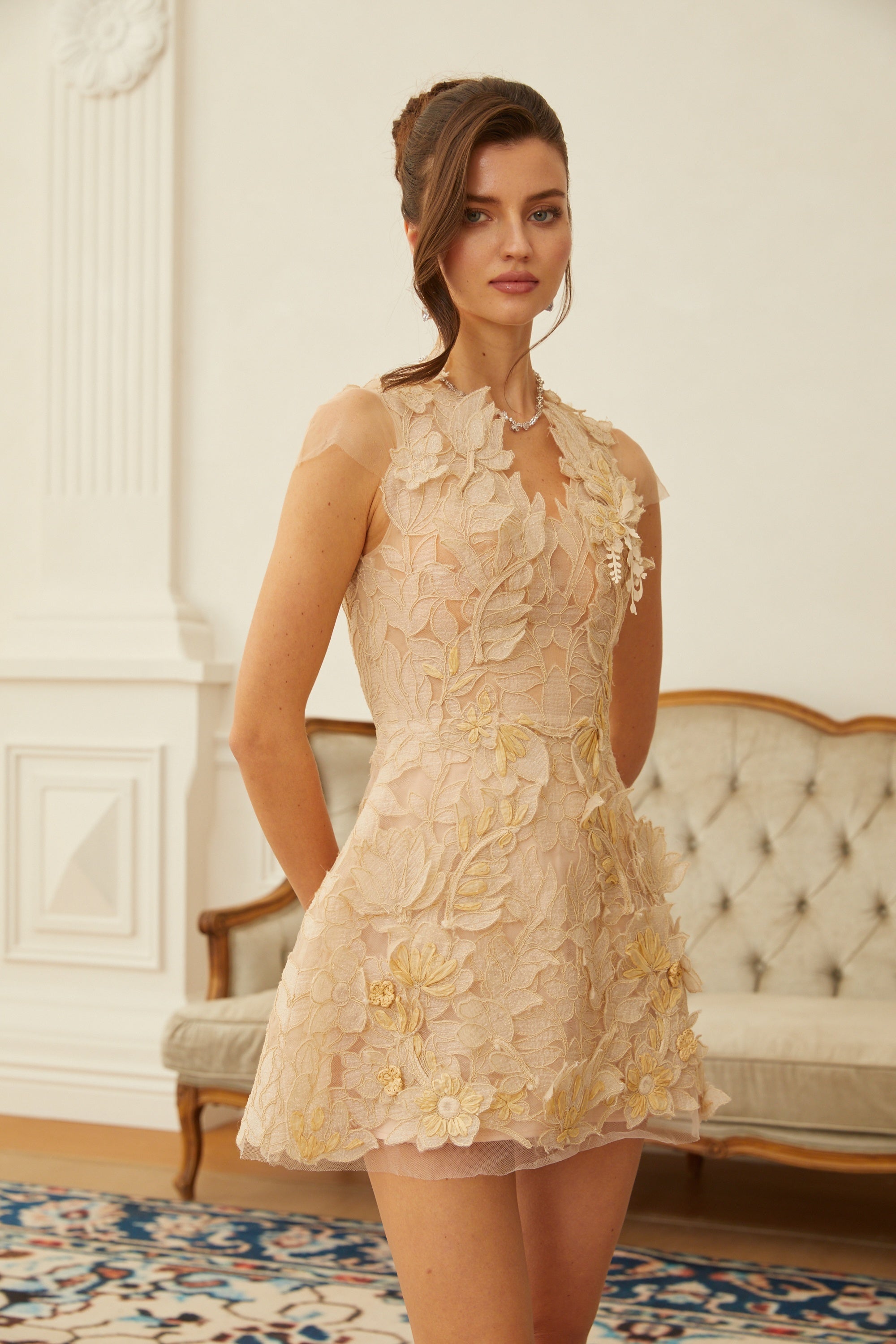 Linnea Neutral Floral Applique V-Neck Mini Dress (Final Sale-US Only)