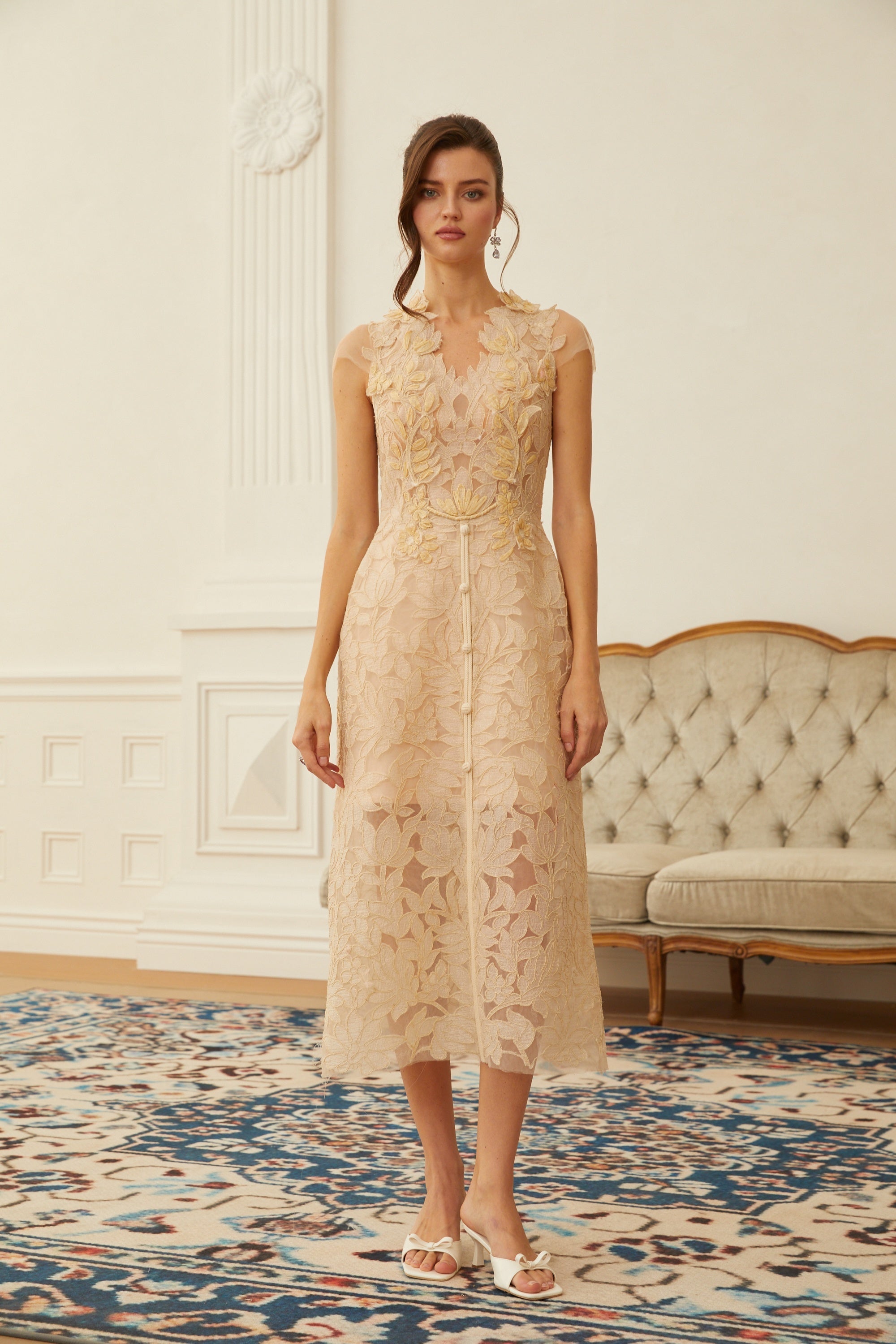 Linnea Nude Floral Applique V-Neck Midi Dress (Final Sale-US Only)