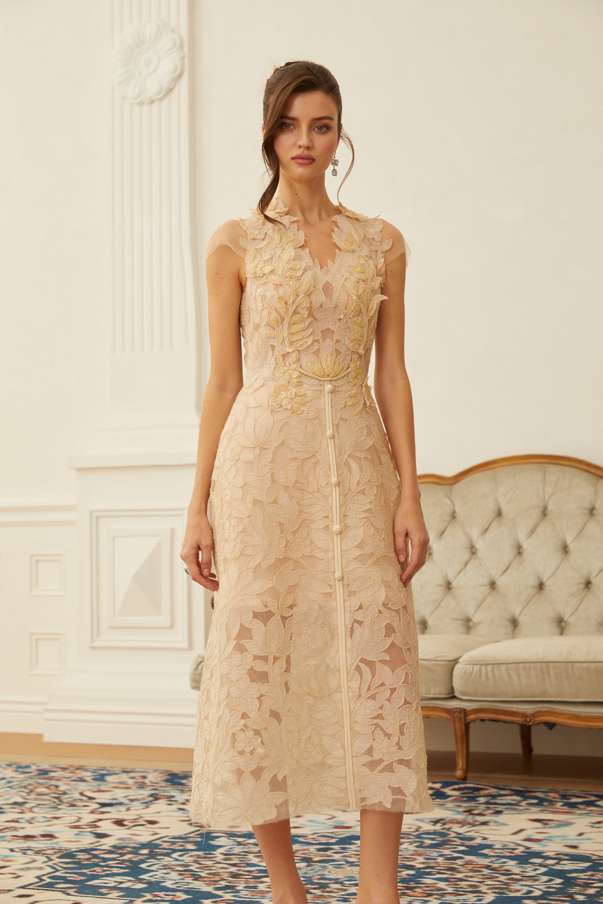 Linnea Nude Floral Applique V-Neck Midi Dress (Final Sale)