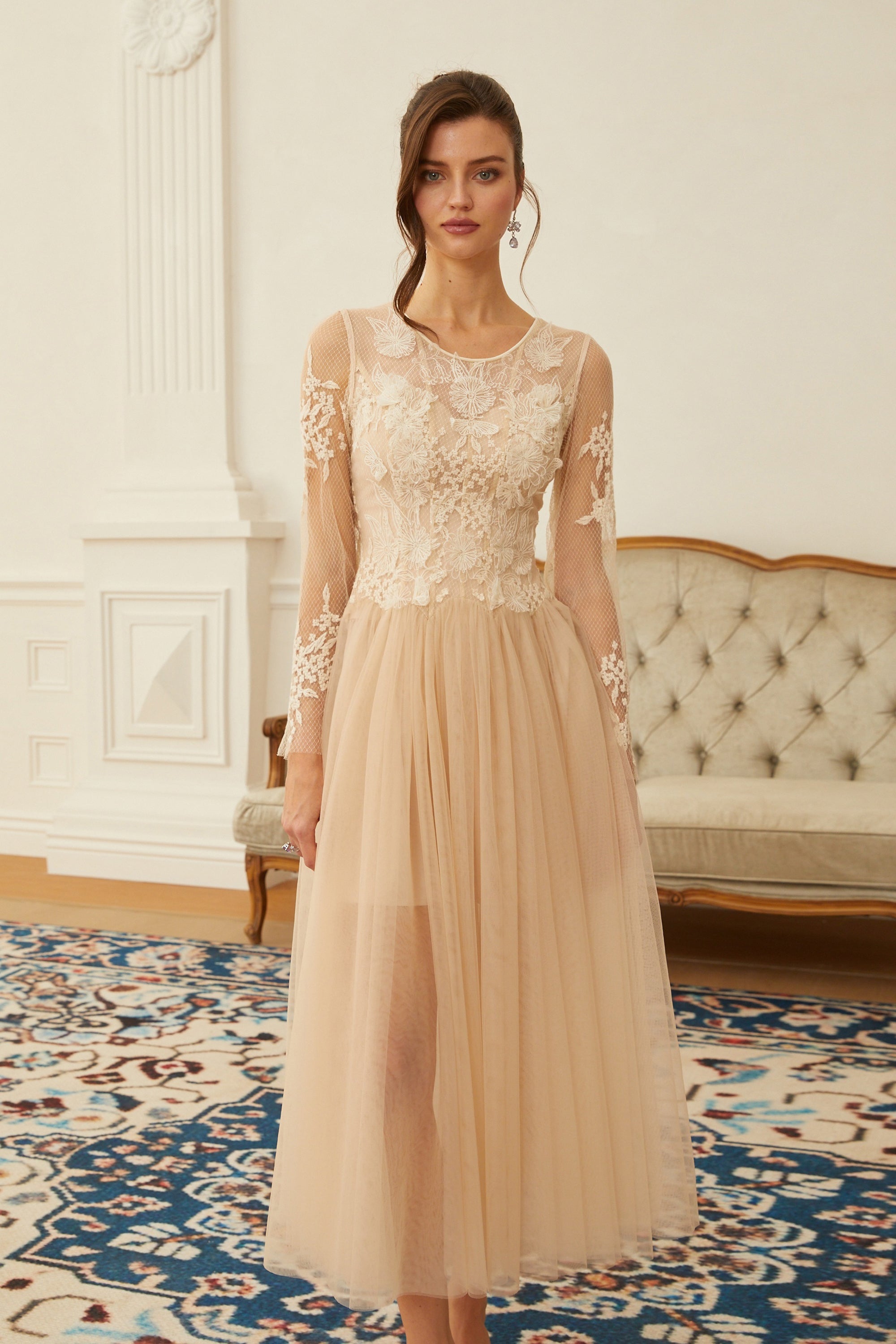 Aviana Neutral Lace Panel Tulle Midi Dress (Final Sale-US Only)
