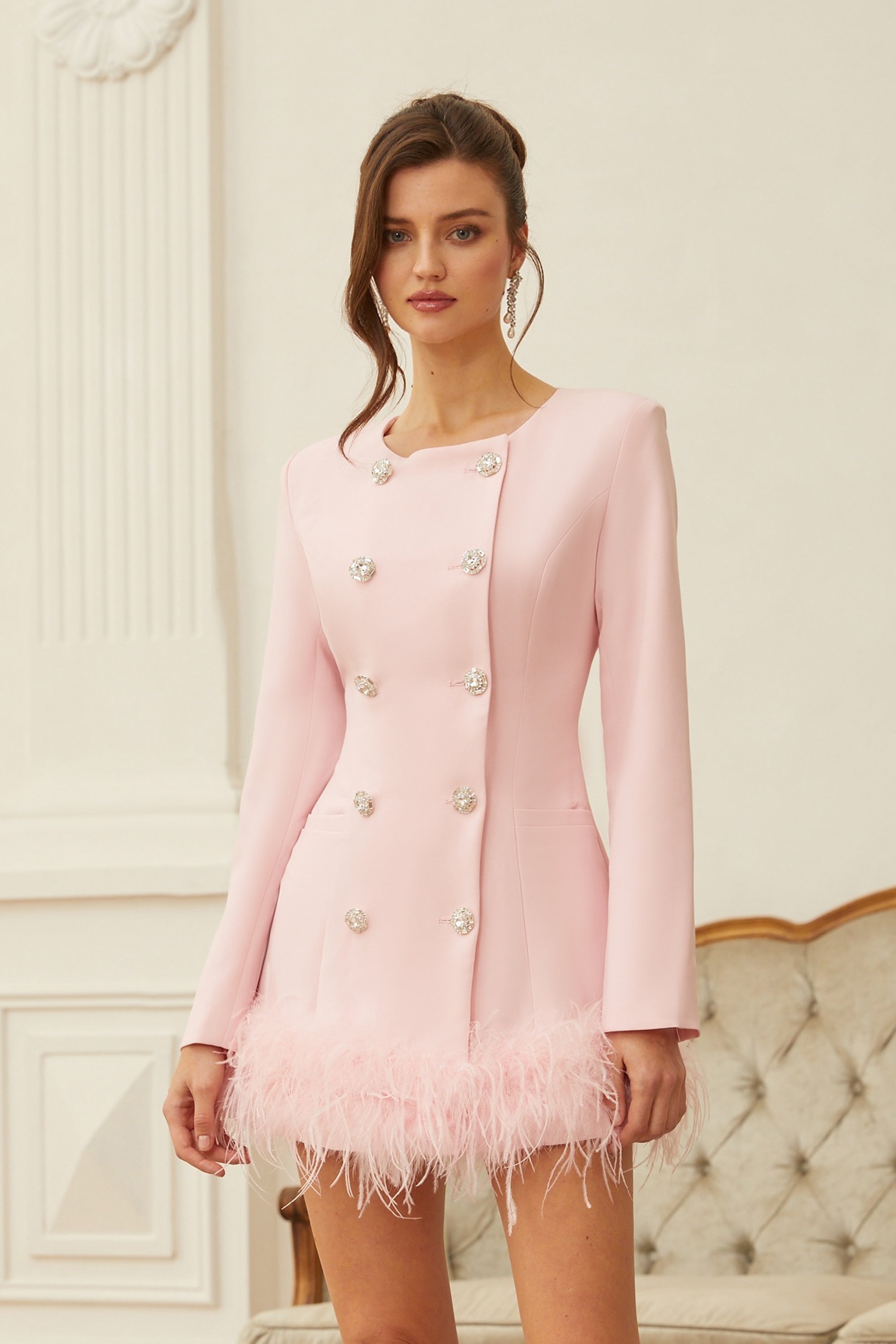 Freja Pink Feather Trim Mini Blazer Dress (Final Sale)