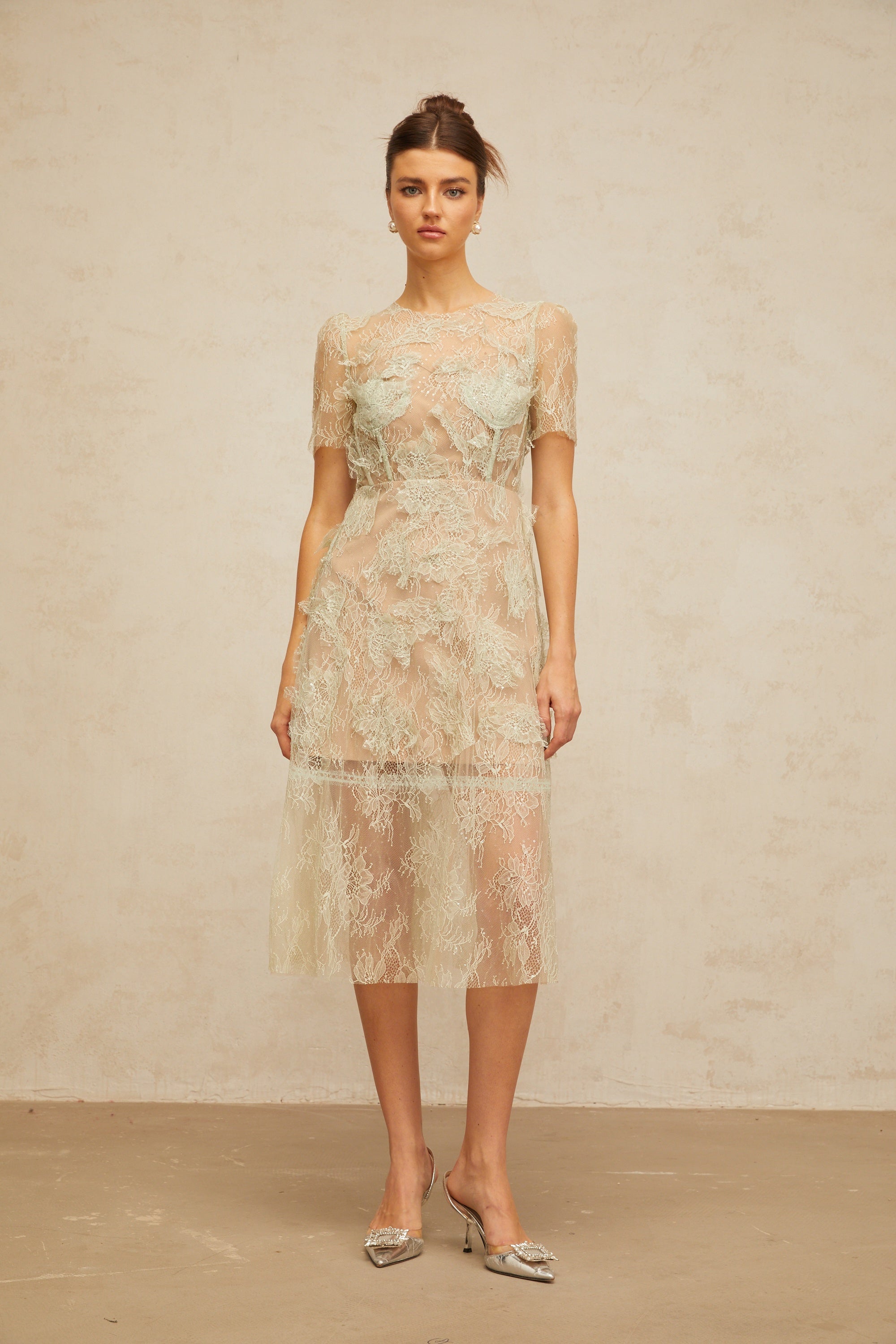 Xaviera mint-green floral-lace midi dress (Final Sale)
