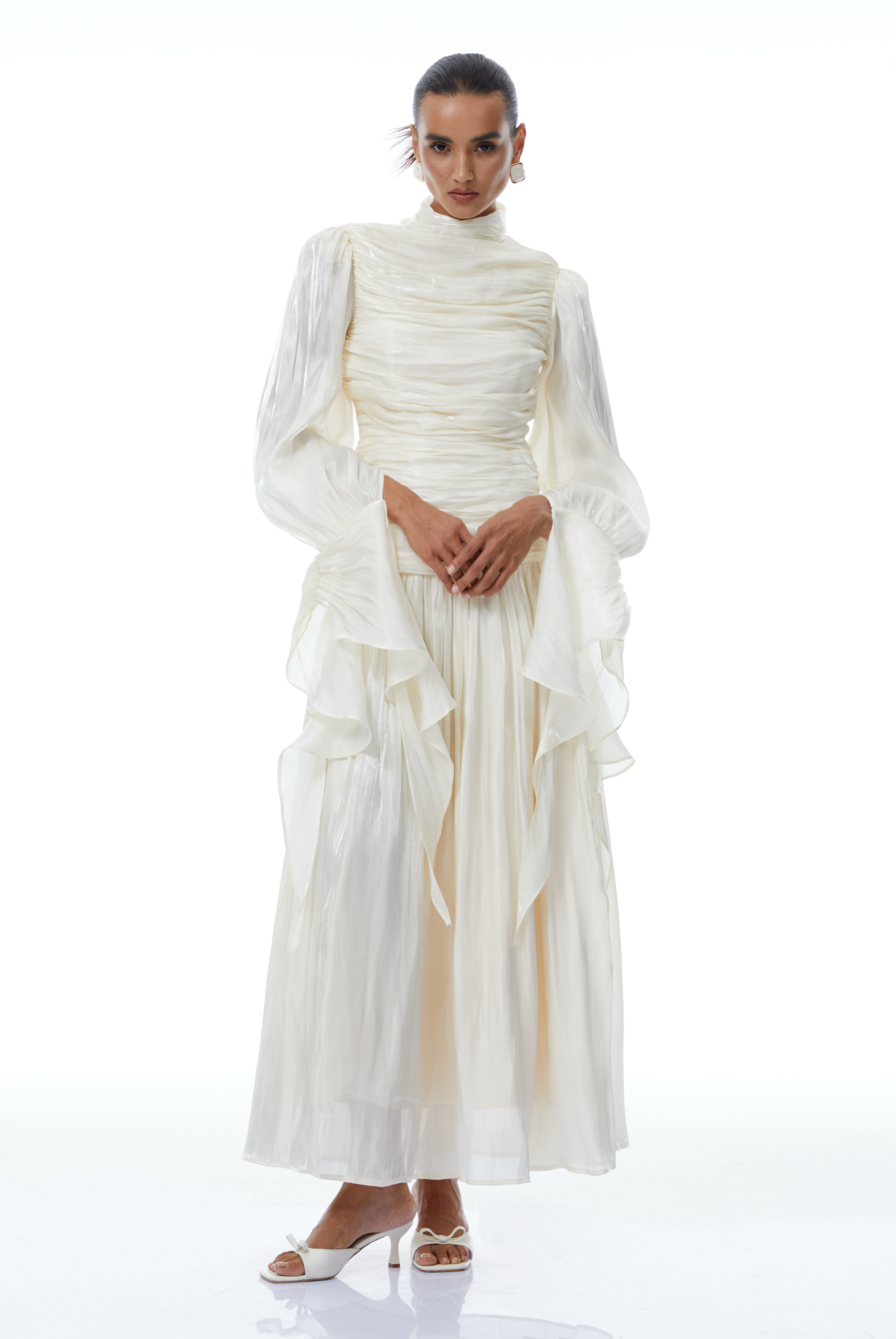 Sarolta Neutral Glossy Ruched Maxi Dress (Final Sale)