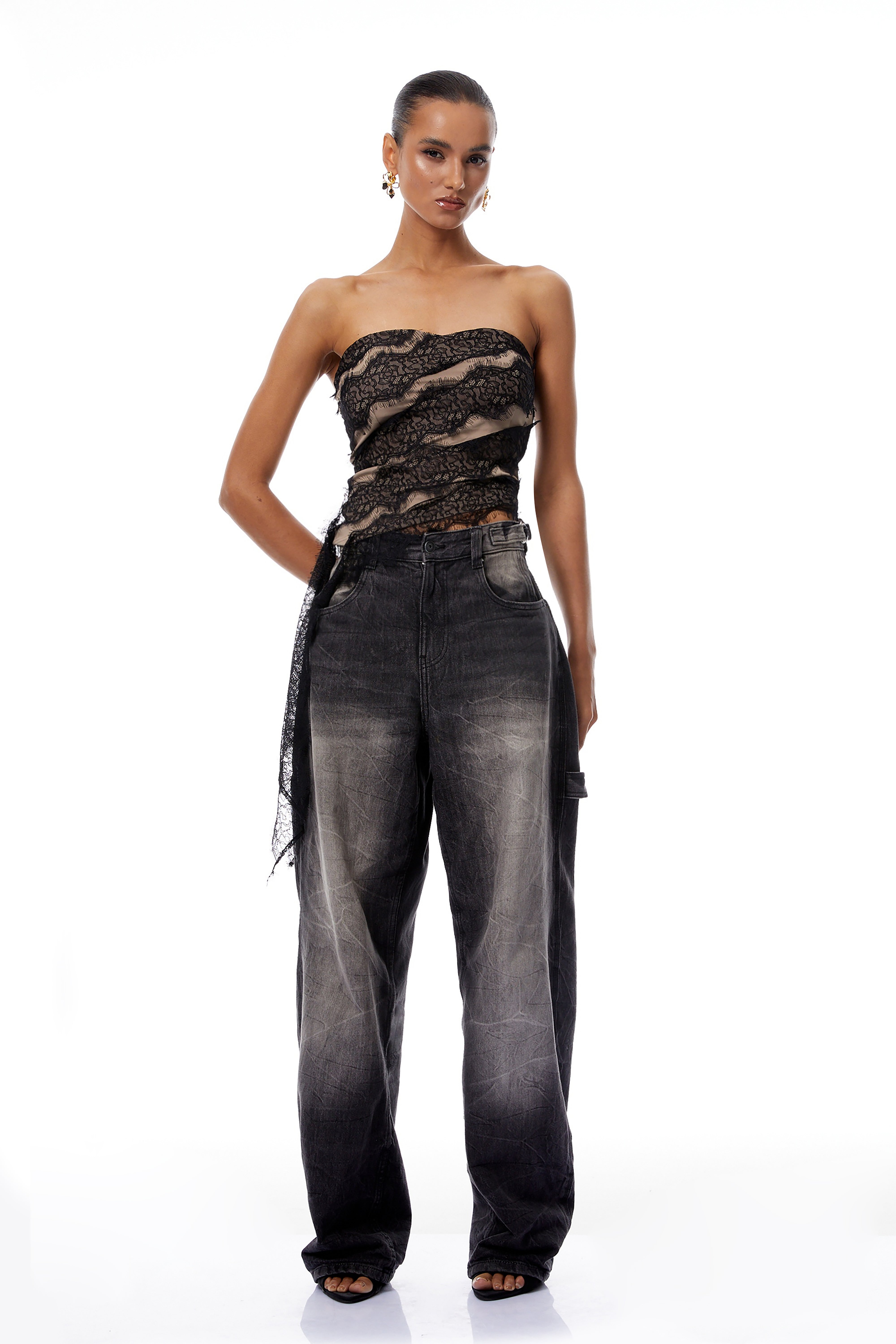 Giulia Black Lace Ribbon Panel Crop Top