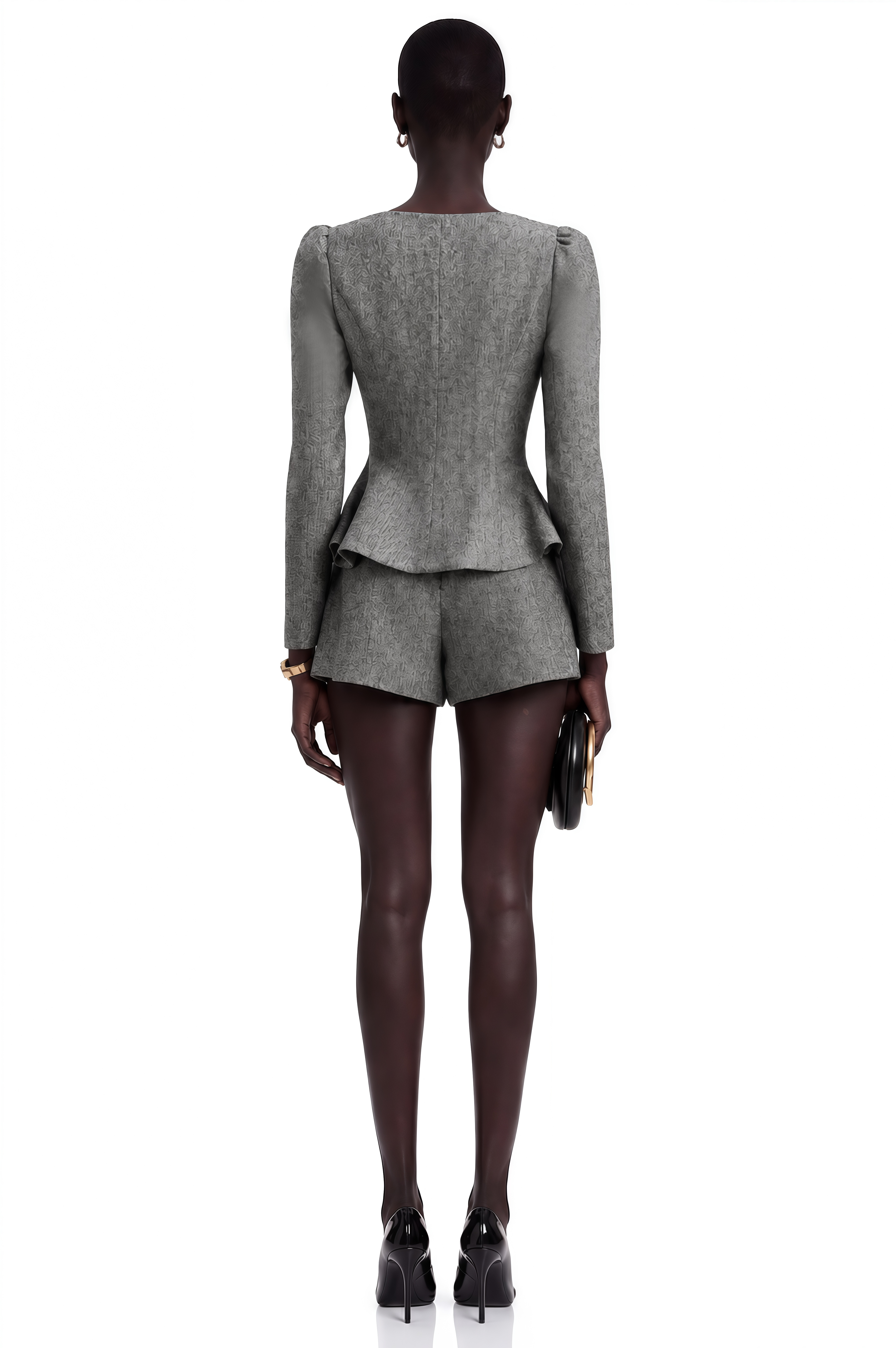 Agathe Grey Herringbone Top & Shorts Matching Set
