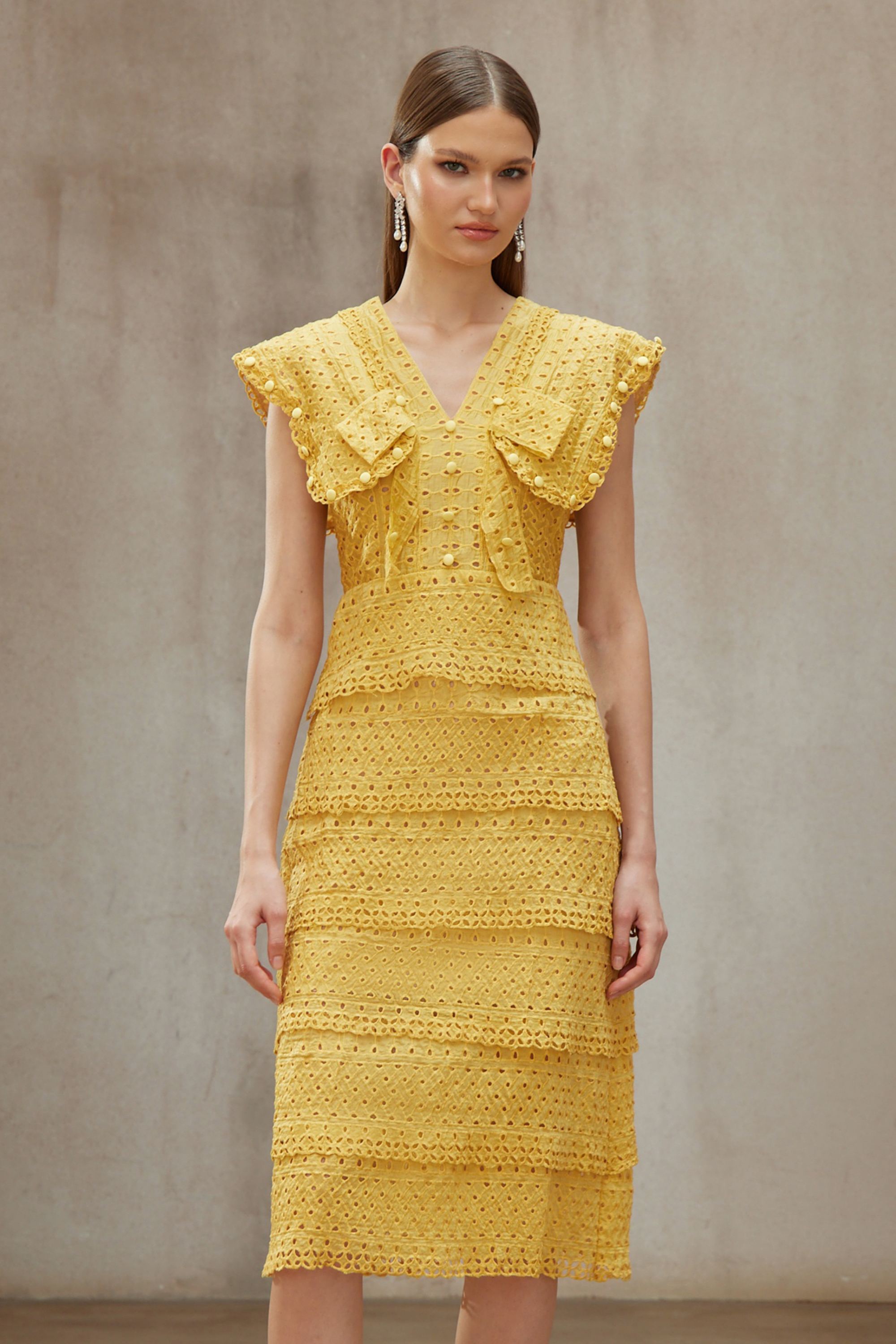Fidji Yellow Layered Embroidered Midi Dress (Final Sale)