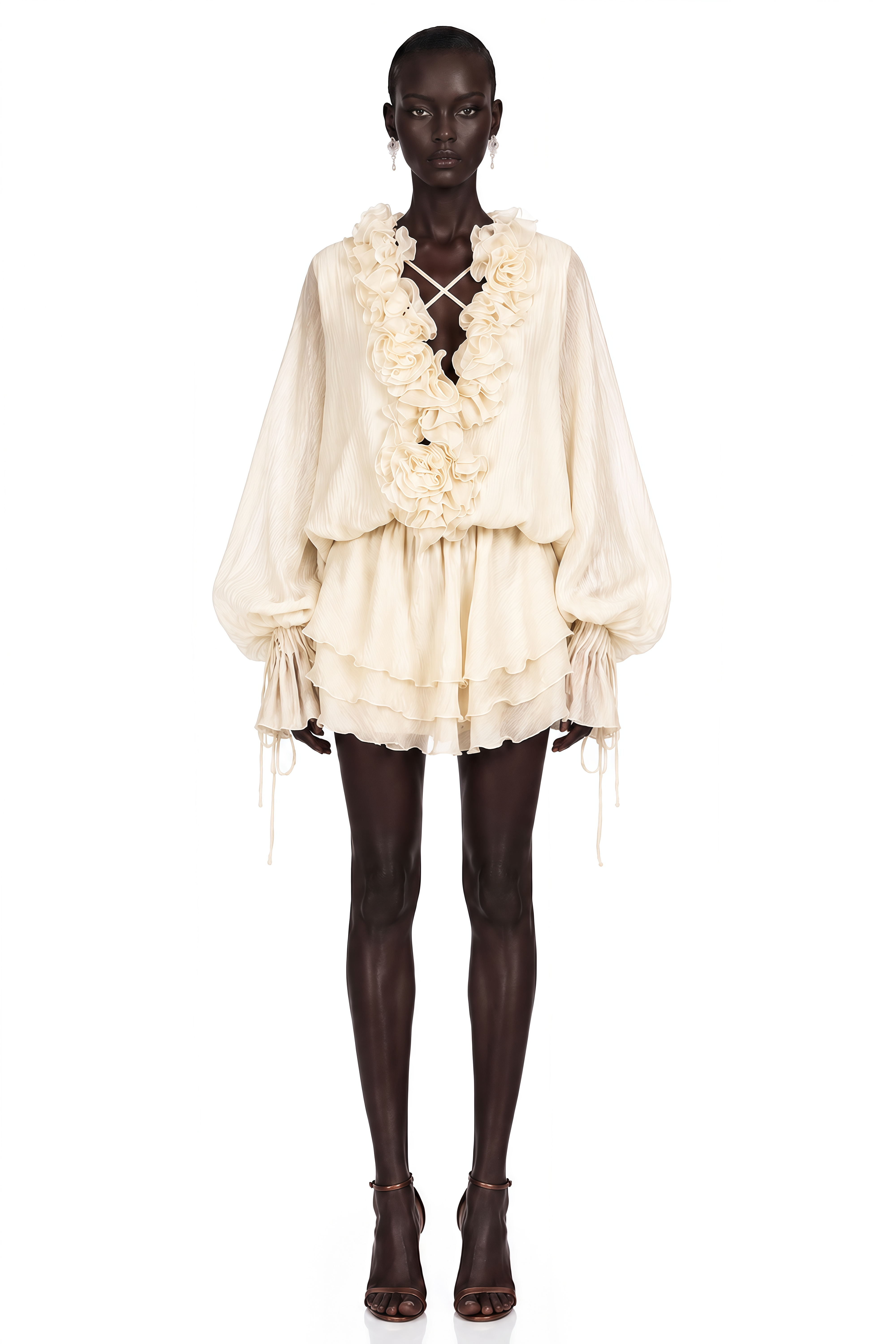 Zéphyrine Floral-Appliqué Tiered Mini Dress in Neutrals