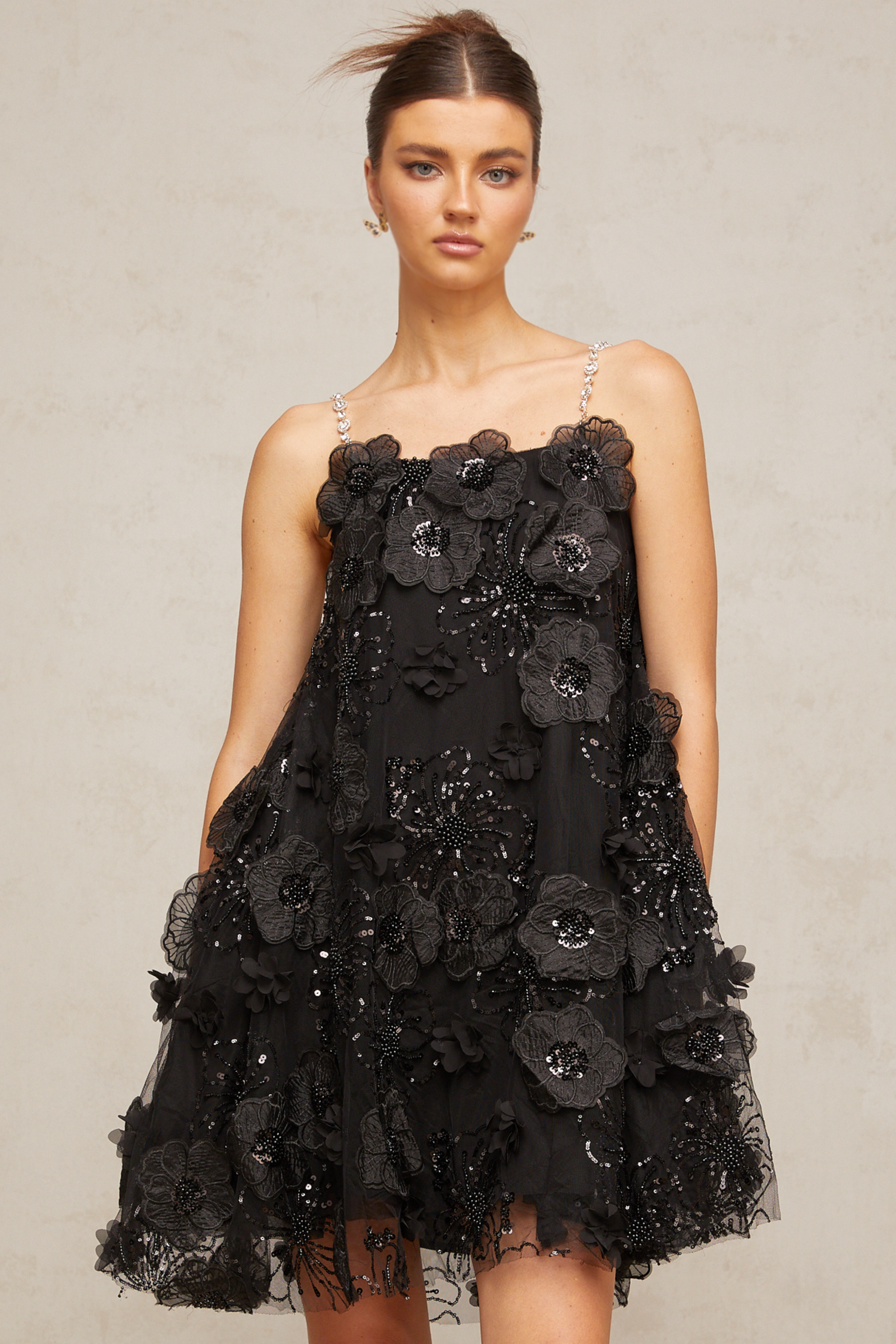 Suzette Crystal-Embellished Floral Mini Dress in Black